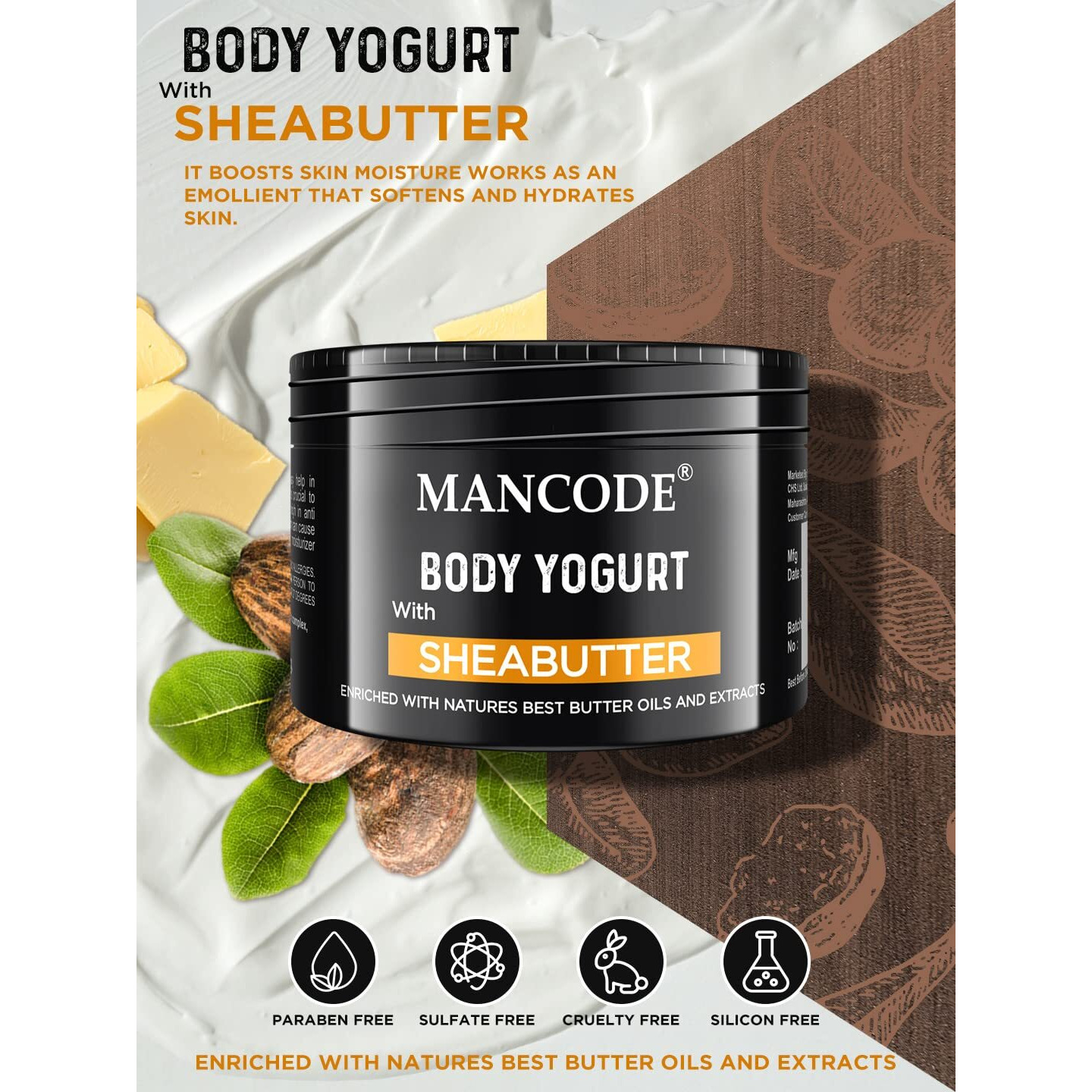 Mancode Shea Butter Body Yogurt Body Cream - 100Gm For Men | Dry Dull Rough Skin Quick Absorbing | Instant Moisturization | Knees, Elbows, Neck, Underarms, Back, Ankles, Knuckles| Gentle Exfoliant