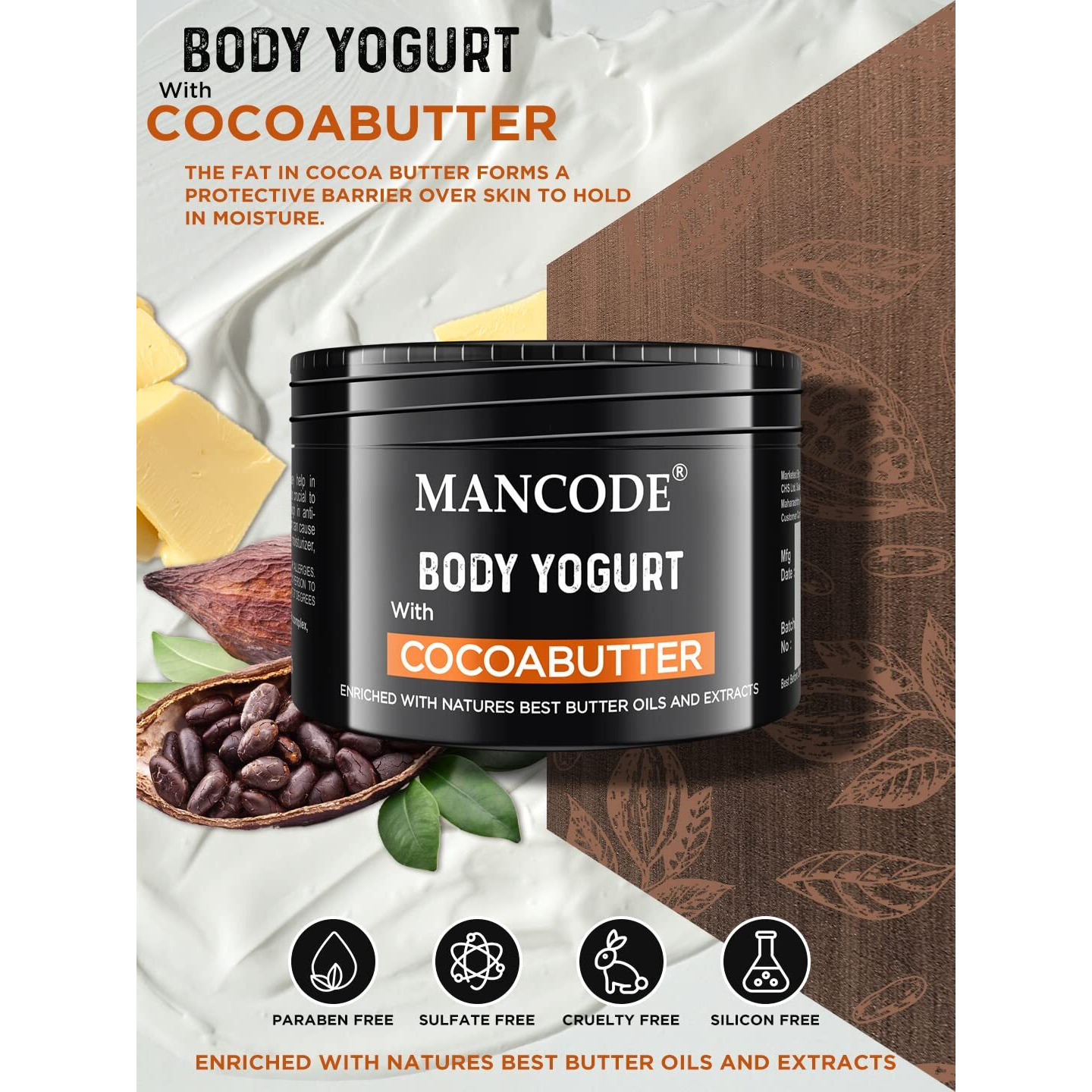 Mancode Cocoa Butter Body Yogurt Body Cream - 100Gm For Men | Dry Dull Rough Skin Quick Absorbing | Instant Moisturization | Knees, Elbows, Neck, Underarms, Back, Ankles, Knuckles| Gentle Exfoliant