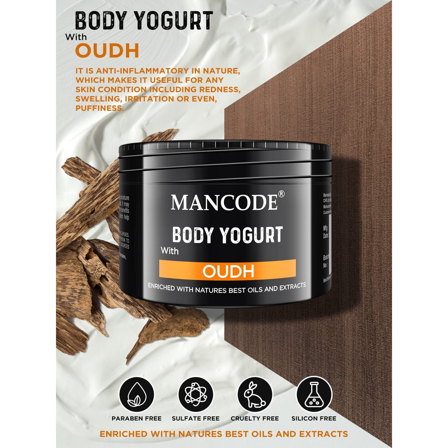 Mancode Oudh Body Yogurt Body Cream - 100Gm For Men | Dry Dull Rough Skin Quick Absorbing | Instant Moisturization | Knees, Elbows, Neck, Underarms, Back, Ankles, Knuckles| Gentle Exfoliant
