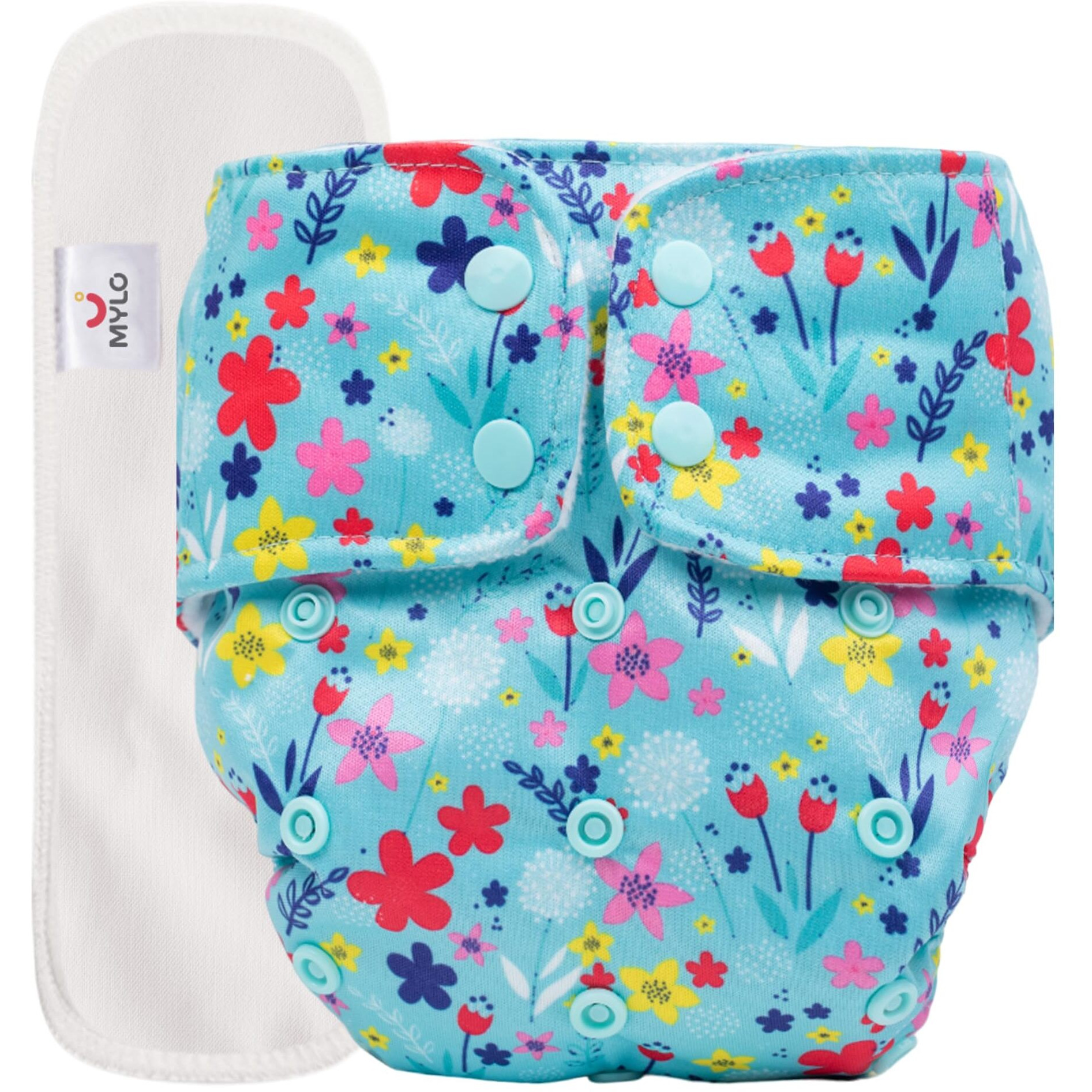 Mylo Leak-Proof Baby Cloth Diaper Combo (1 Diapers + 1 Inserts) | Free Size (3M-3Y) | High Absorption | Quick Dry | Oeko-Tex Certified | Washable - Floral Spring