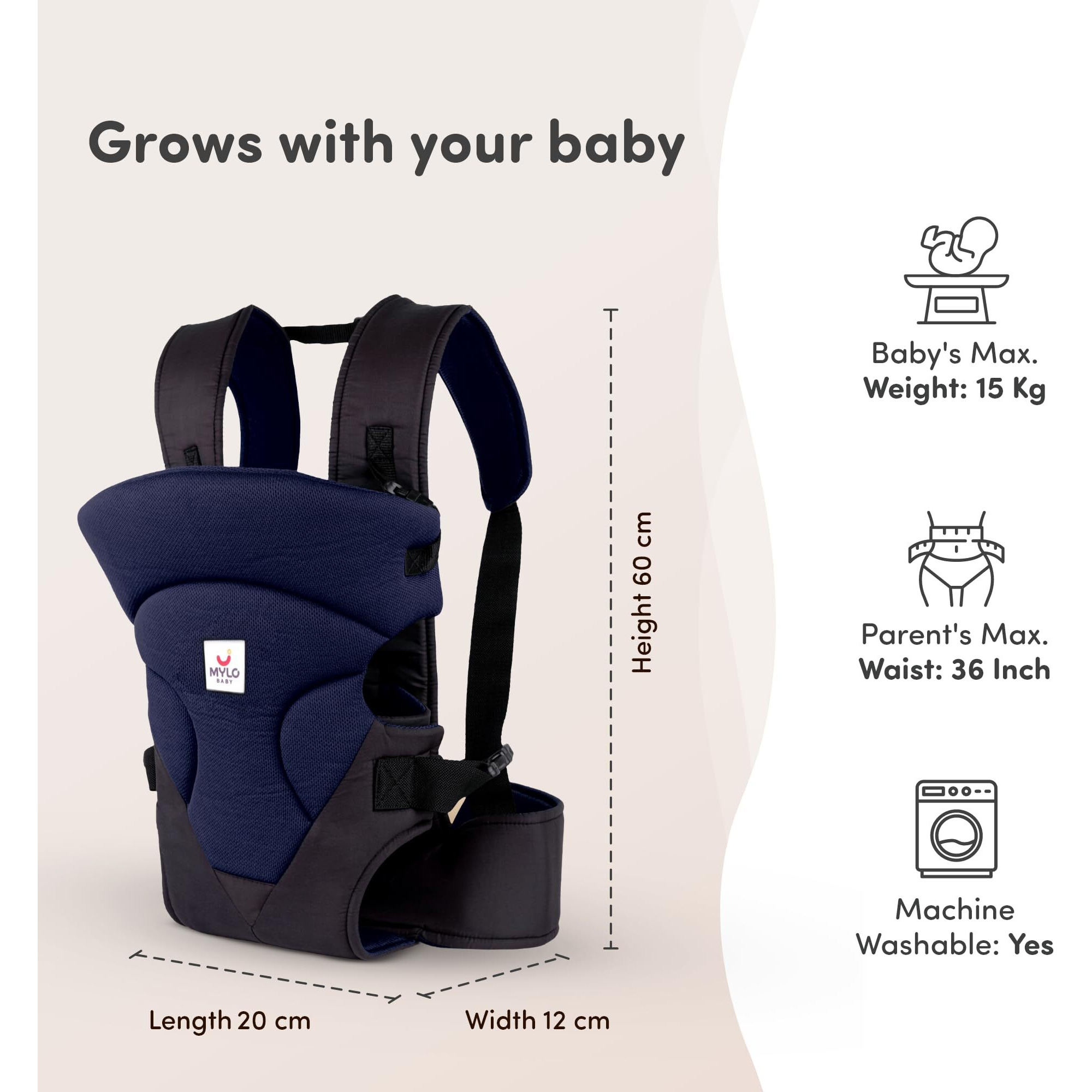 Mylo Baby Carrier Bag For 4 To 24 Months | Max Weight 15Kg | With 4 Comfortable Carrying Positions | Lightweight & Travel Friendly (Blue & Black)