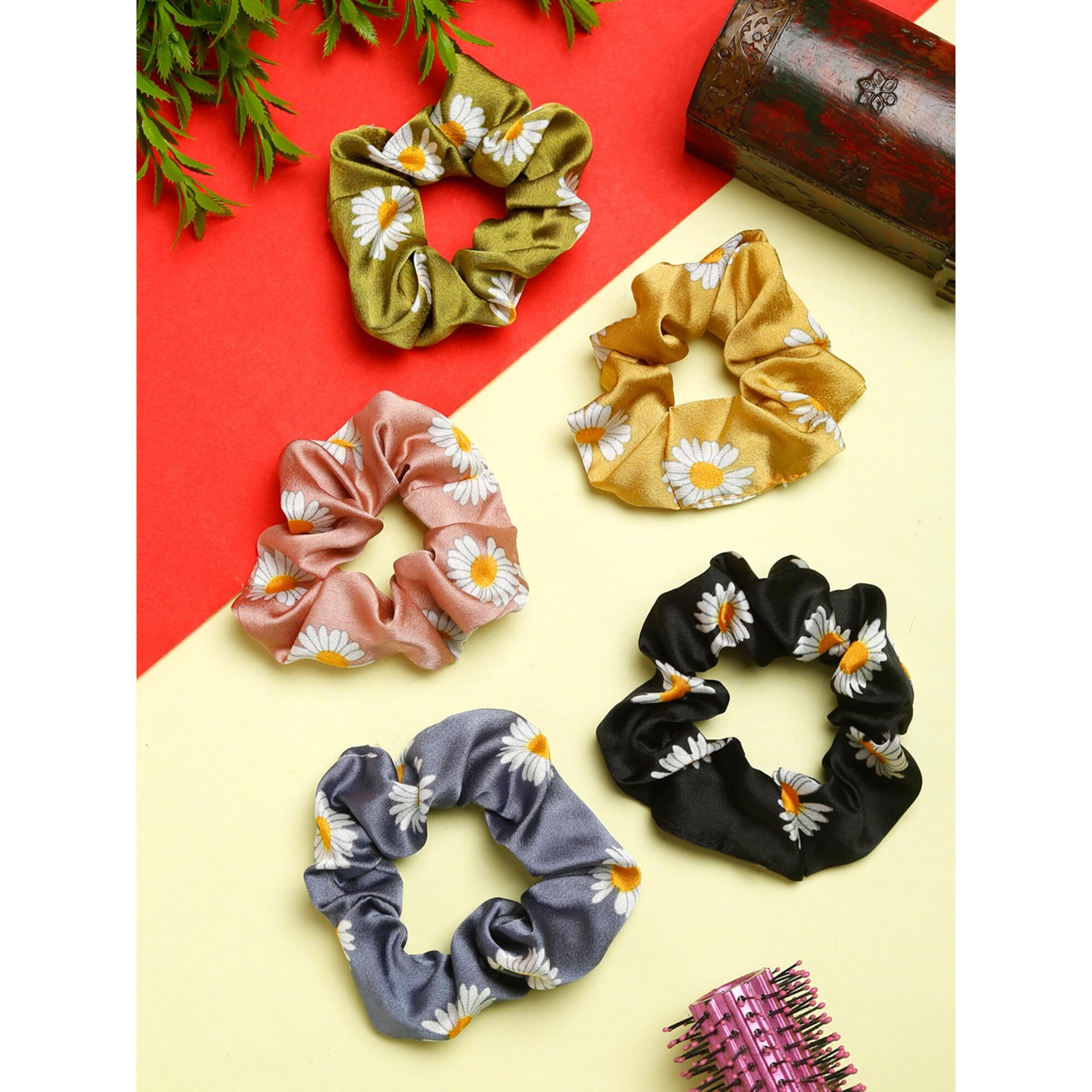Yellow Chimes Scrunchies For Women Hair Accessories For Women 5 Pcs Satin Scrunchies Set Floral Print Rubber Bands Multicolor Scrunchie Ponytail Holders Hair Ties For Women And Girls Gifts For Women And Girls
