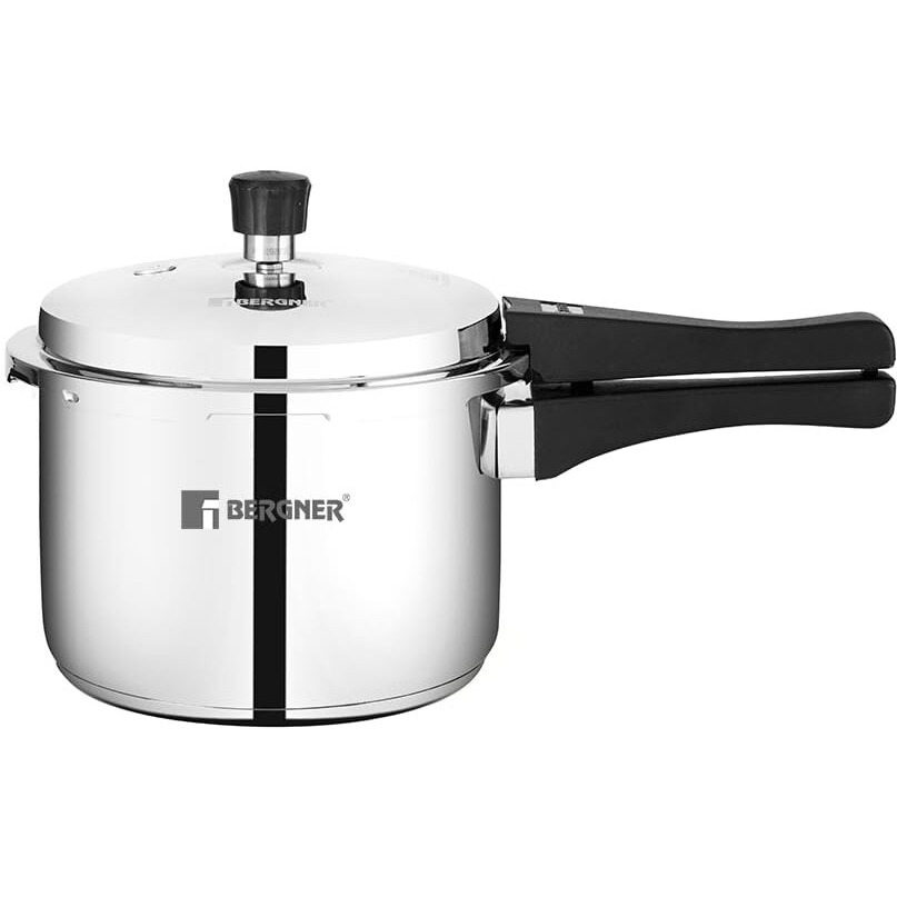 Bergner Sorrento Stainless Steel 3 Litres Outer Lid Pressure Cooker, 3 L Cooker With Outer Lid And Triply Base, Heavy Bottom, Easy Open And Close, Healthy Cooking, Induction Bottom And Gas Stove Ready