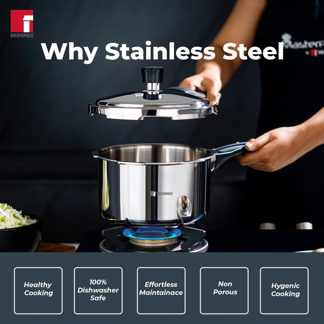 Bergner Sorrento Stainless Steel Outer Lid Pressure Cooker Combo - 2 Litre And 3 Litre Cooker, Triply Base, Heavy Bottom, Easy Open And Close, Healthy Cooking - Induction Bottom And Gas Stove Ready