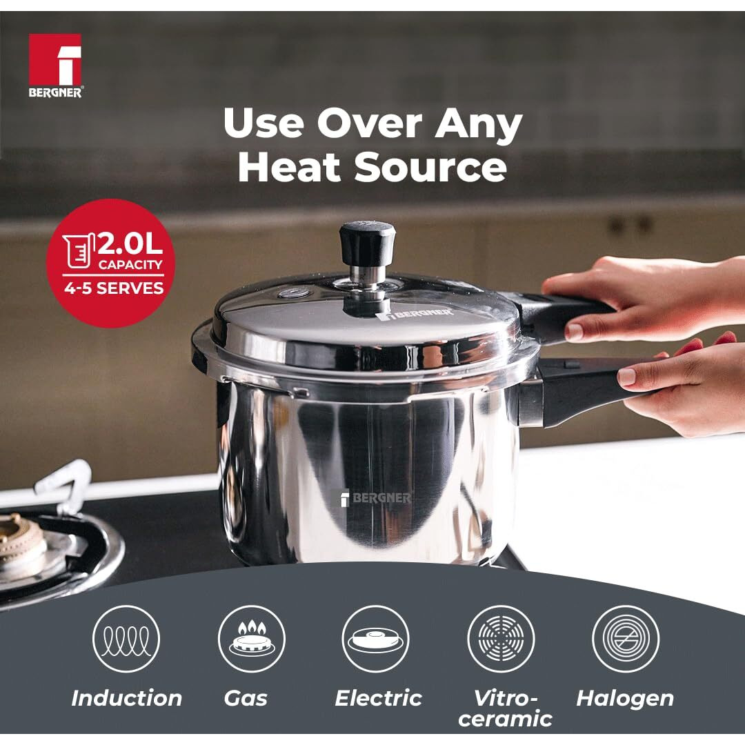 Bergner Sorrento Stainless Steel Outer Lid Pressure Cooker Combo - 2 Litre And 3 Litre Cooker, Triply Base, Heavy Bottom, Easy Open And Close, Healthy Cooking - Induction Bottom And Gas Stove Ready