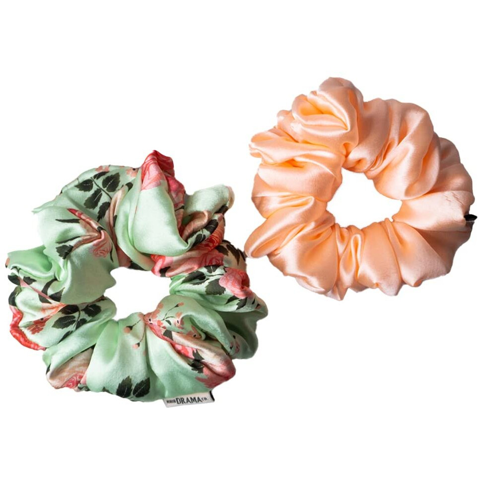 Hair Drama Co. Satin Scrunchies For Women Set Of 2, Green & Pink | Large Scrunchies For Girls | Floral Scrunchie | Elastic Hair Ties | Silk Satin Ponytail Holder Scrunchies | Scrunchies For Messy Bun