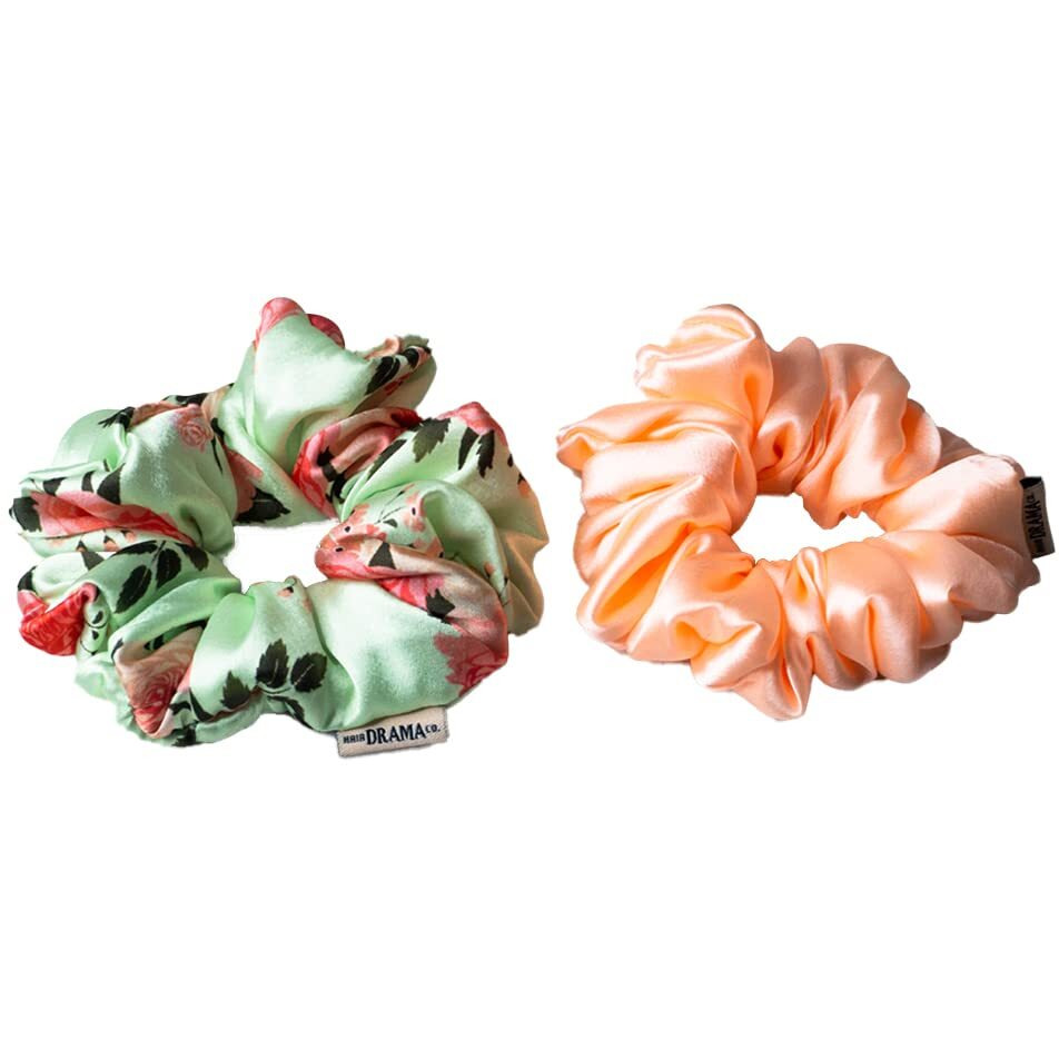Hair Drama Co. Satin Scrunchies For Women Set Of 2, Green & Pink | Large Scrunchies For Girls | Floral Scrunchie | Elastic Hair Ties | Silk Satin Ponytail Holder Scrunchies | Scrunchies For Messy Bun