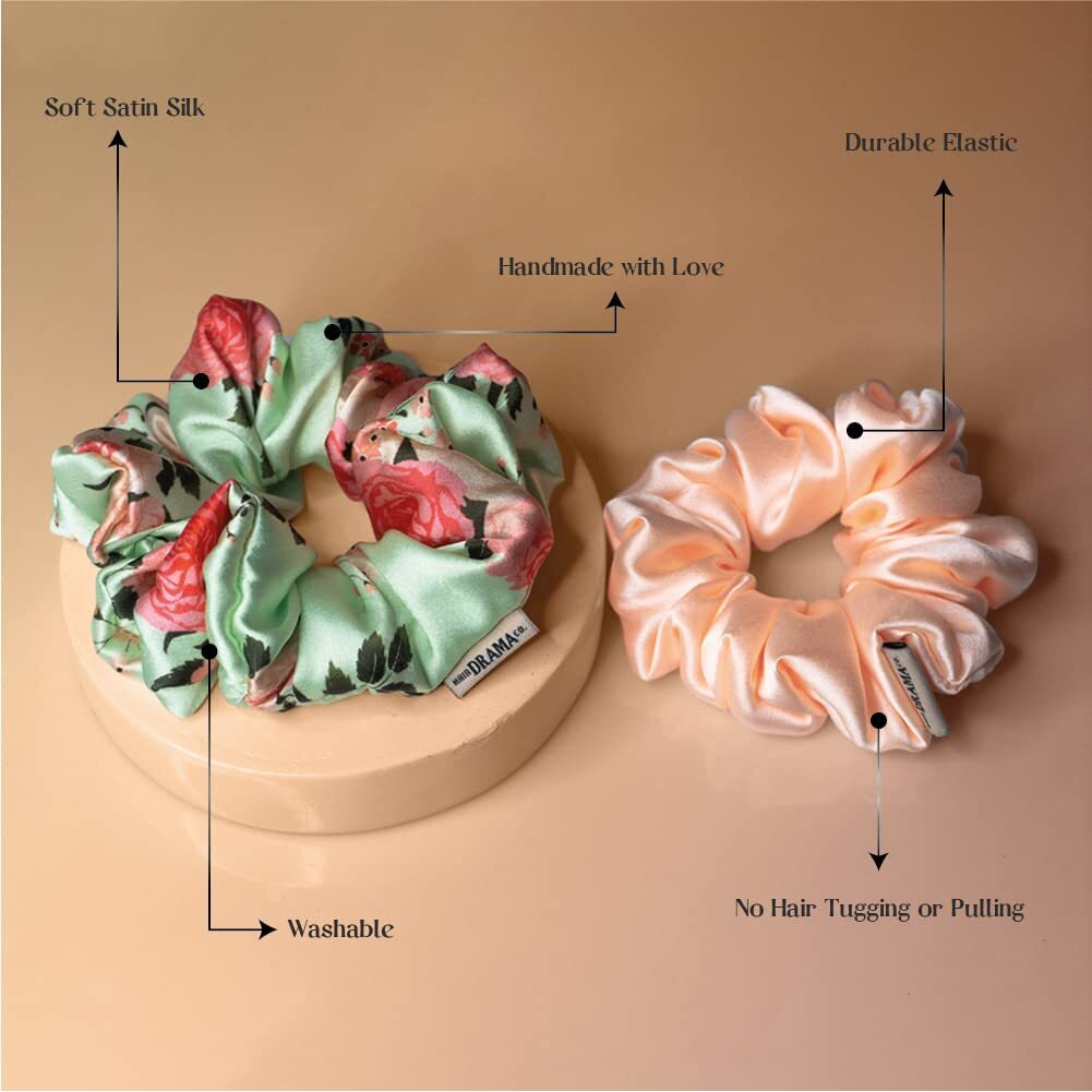 Hair Drama Co. Satin Scrunchies For Women Set Of 2, Green & Pink | Large Scrunchies For Girls | Floral Scrunchie | Elastic Hair Ties | Silk Satin Ponytail Holder Scrunchies | Scrunchies For Messy Bun