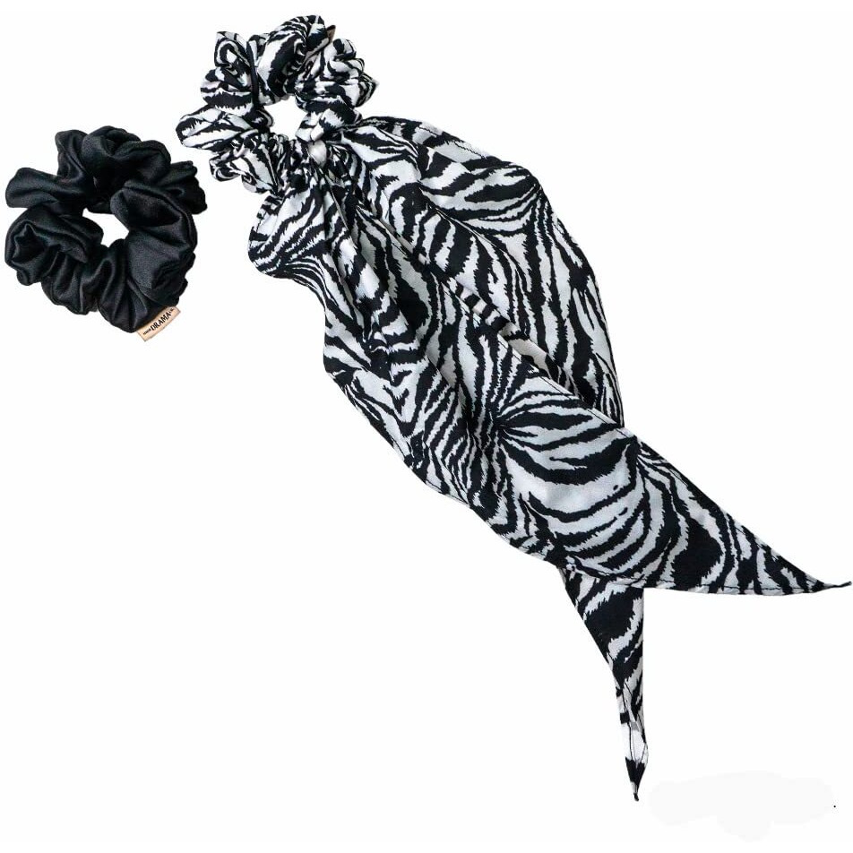Hair Drama Co. Satin Scrunchies For Women Pack Of 2, Black & White | Large Scrunchies For Girls | Aesthetic Hair Scrunchies For Ponytail, Messy Bun | Silk Satin Scrunchies | Elastic Hair Ties