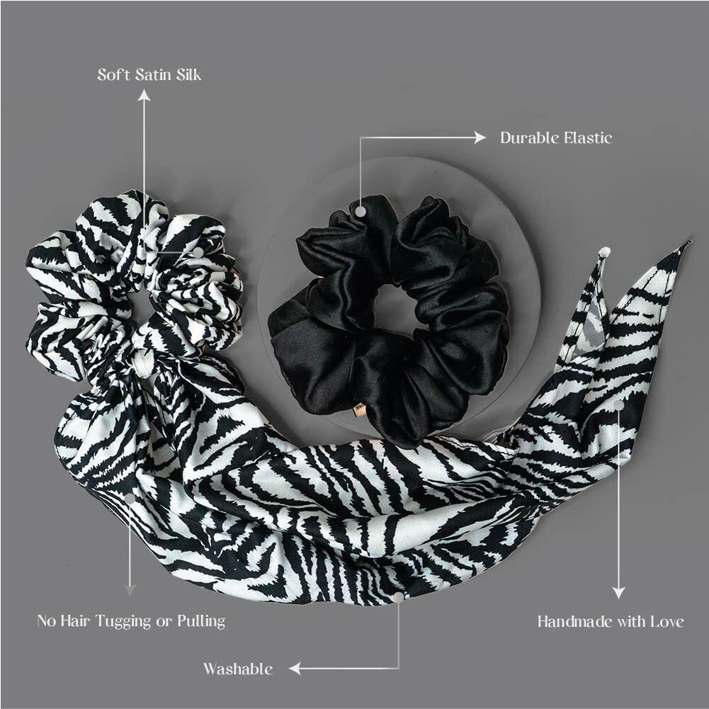 Hair Drama Co. Satin Scrunchies For Women Pack Of 2, Black & White | Large Scrunchies For Girls | Aesthetic Hair Scrunchies For Ponytail, Messy Bun | Silk Satin Scrunchies | Elastic Hair Ties