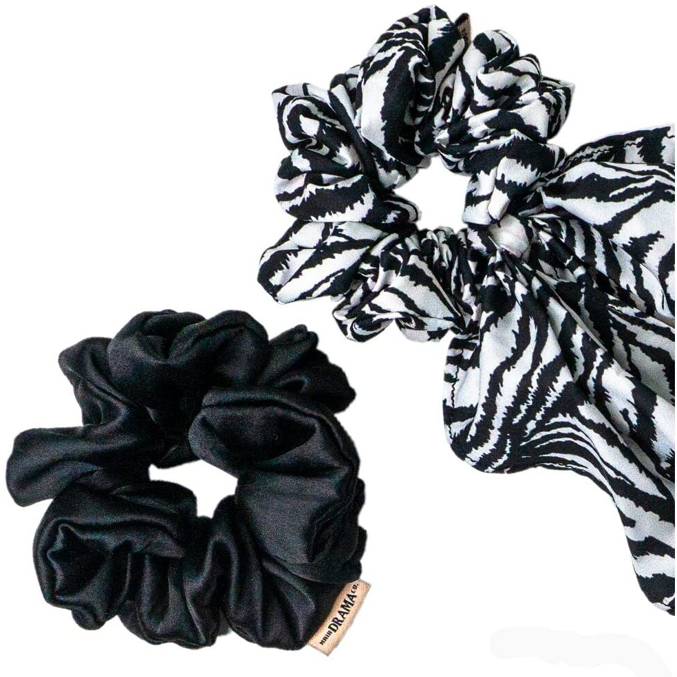 Hair Drama Co. Satin Scrunchies For Women Pack Of 2, Black & White | Large Scrunchies For Girls | Aesthetic Hair Scrunchies For Ponytail, Messy Bun | Silk Satin Scrunchies | Elastic Hair Ties