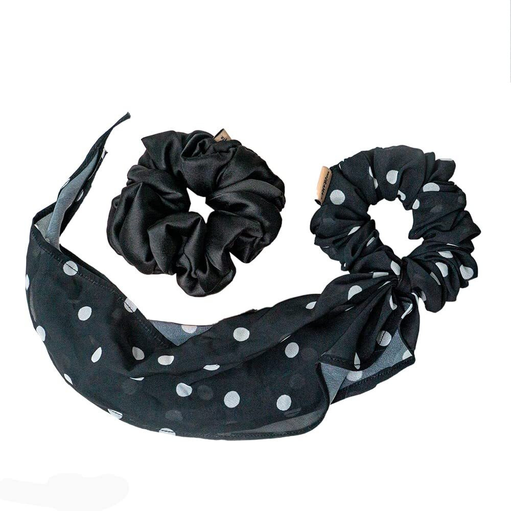 Hair Drama Co. Polka Dots Scrunchies For Women Pack Of 2, Black & White | Large Scrunchies For Girls | Aesthetic Hair Scrunchies For Ponytail, Messy Bun | Silk Satin Scrunchies | Elastic Hair Ties