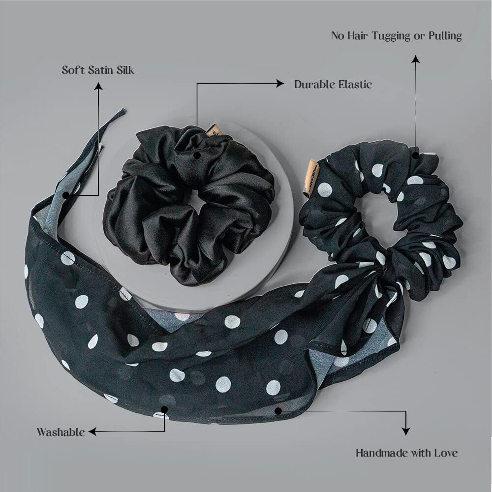 Hair Drama Co. Polka Dots Scrunchies For Women Pack Of 2, Black & White | Large Scrunchies For Girls | Aesthetic Hair Scrunchies For Ponytail, Messy Bun | Silk Satin Scrunchies | Elastic Hair Ties