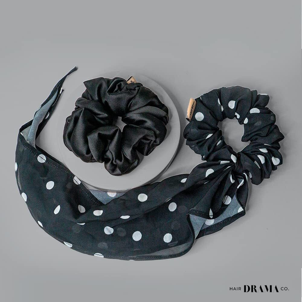 Hair Drama Co. Polka Dots Scrunchies For Women Pack Of 2, Black & White | Large Scrunchies For Girls | Aesthetic Hair Scrunchies For Ponytail, Messy Bun | Silk Satin Scrunchies | Elastic Hair Ties