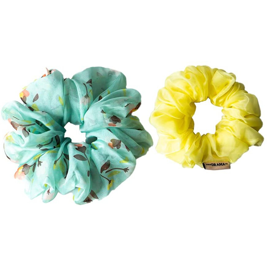 Hair Drama Co. Satin Scrunchies For Women Pack Of 2, Green And Yellow | Large Scrunchies For Girls | Aesthetic Hair Scrunchies For Ponytail, Messy Bun | Stylish Scrunchies | Elastic Hair Ties