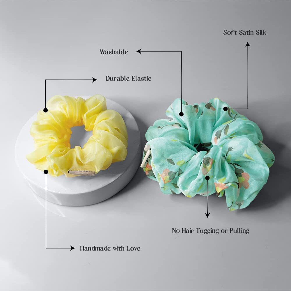 Hair Drama Co. Satin Scrunchies For Women Pack Of 2, Green And Yellow | Large Scrunchies For Girls | Aesthetic Hair Scrunchies For Ponytail, Messy Bun | Stylish Scrunchies | Elastic Hair Ties