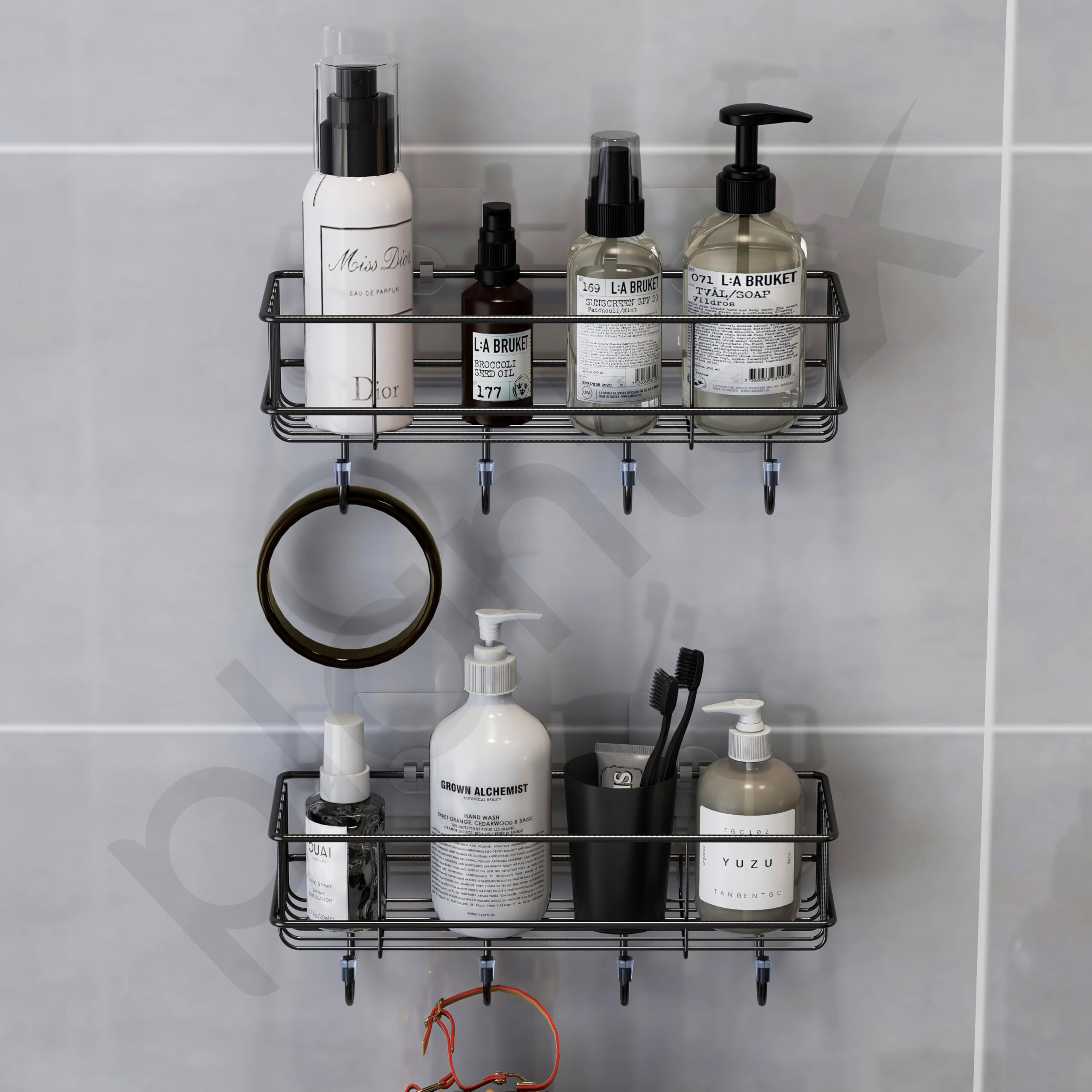 Plantex Self-Adhesive Bathroom Accessories Multipurpose Bathroom Shelf With Hooks/Towel Holder/Rack - Gi Steel - Pack Of 4 (Black,Powder Coated)