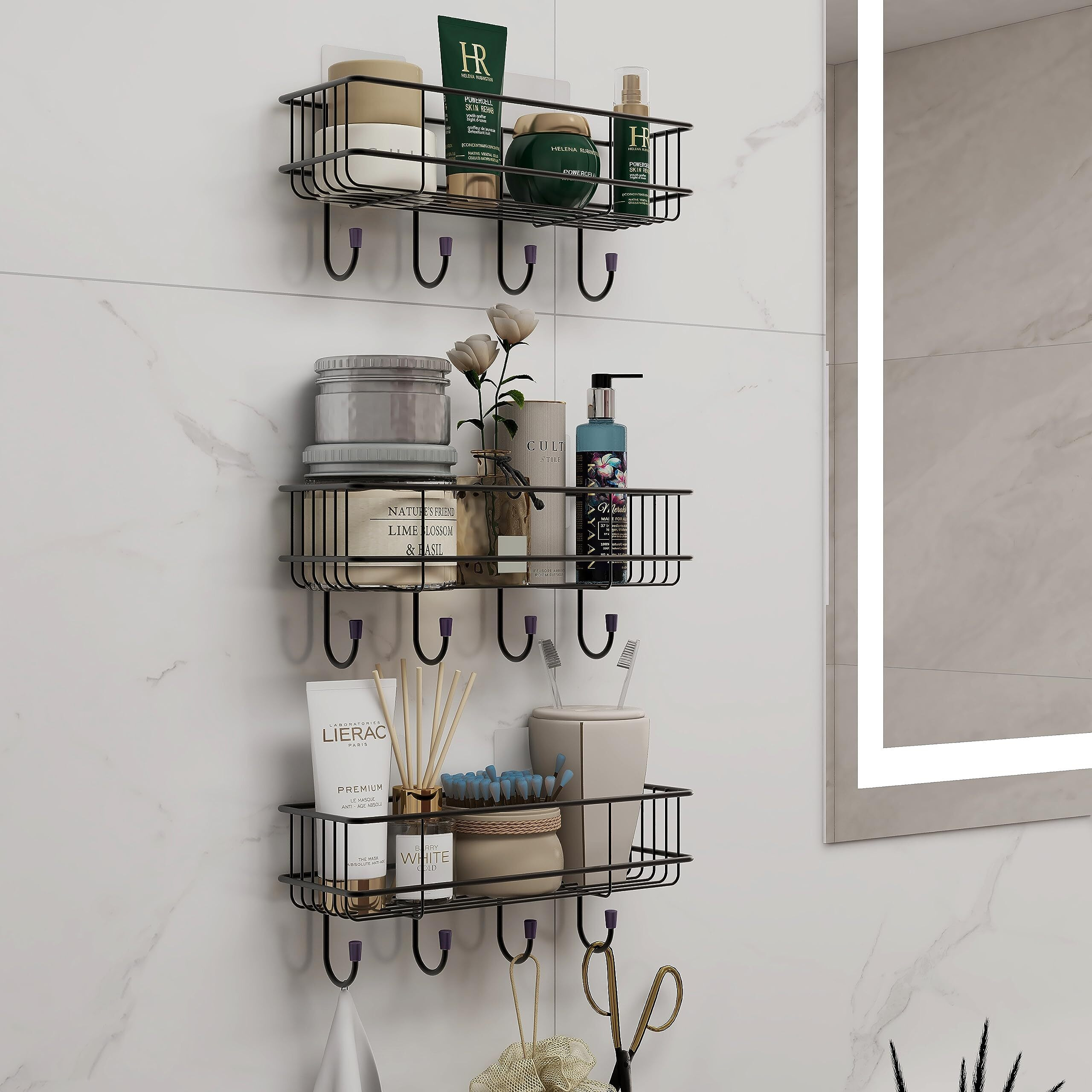 Plantex Self-Adhesive Multipurpose Bathroom Shelf With Hooks/Towel Holder/Rack/Bathroom Accessories Holder - Gi Steel - Pack Of 3 (Black,Powder Coated)