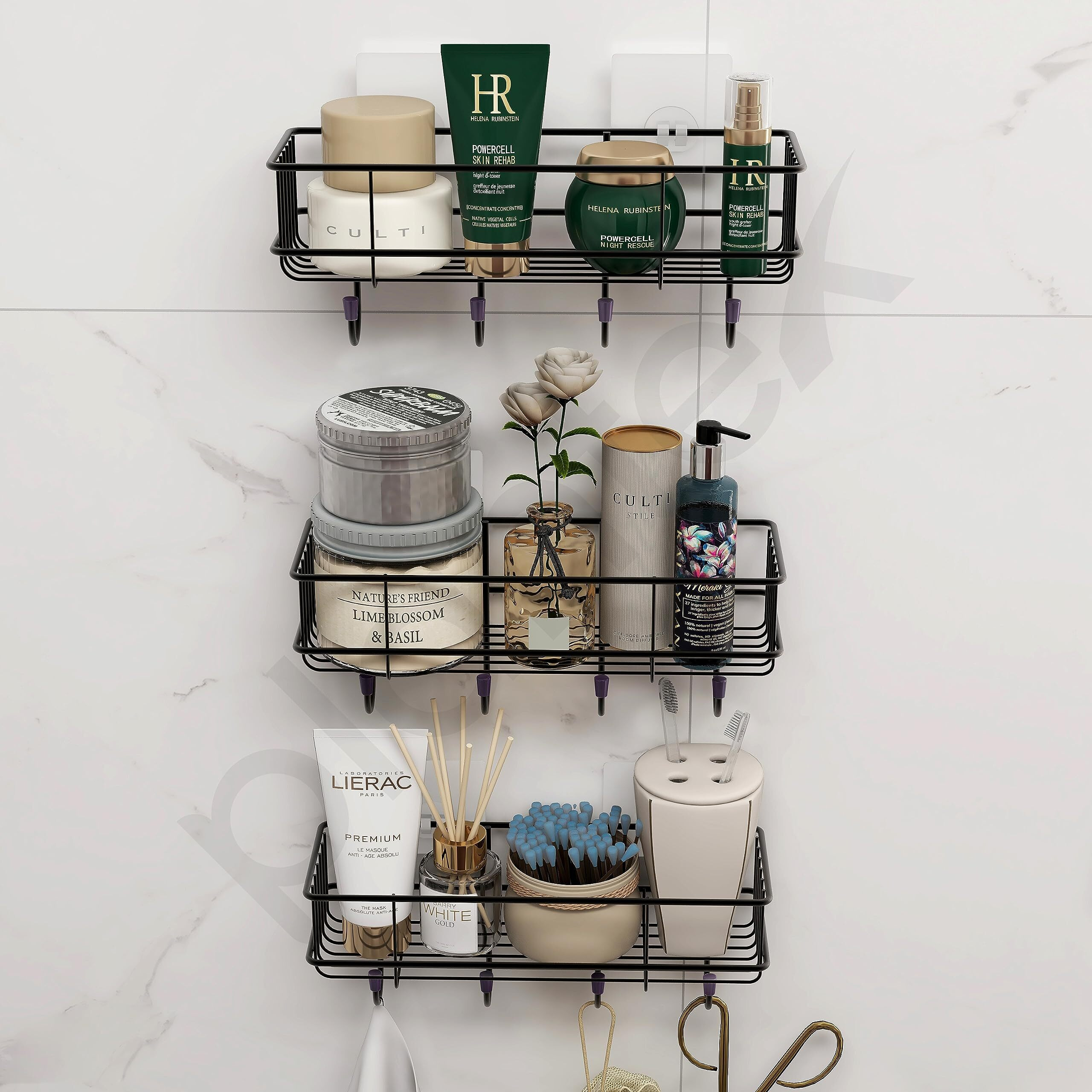 Plantex Self-Adhesive Multipurpose Bathroom Shelf With Hooks/Towel Holder/Rack/Bathroom Accessories Holder - Gi Steel - Pack Of 3 (Black,Powder Coated)