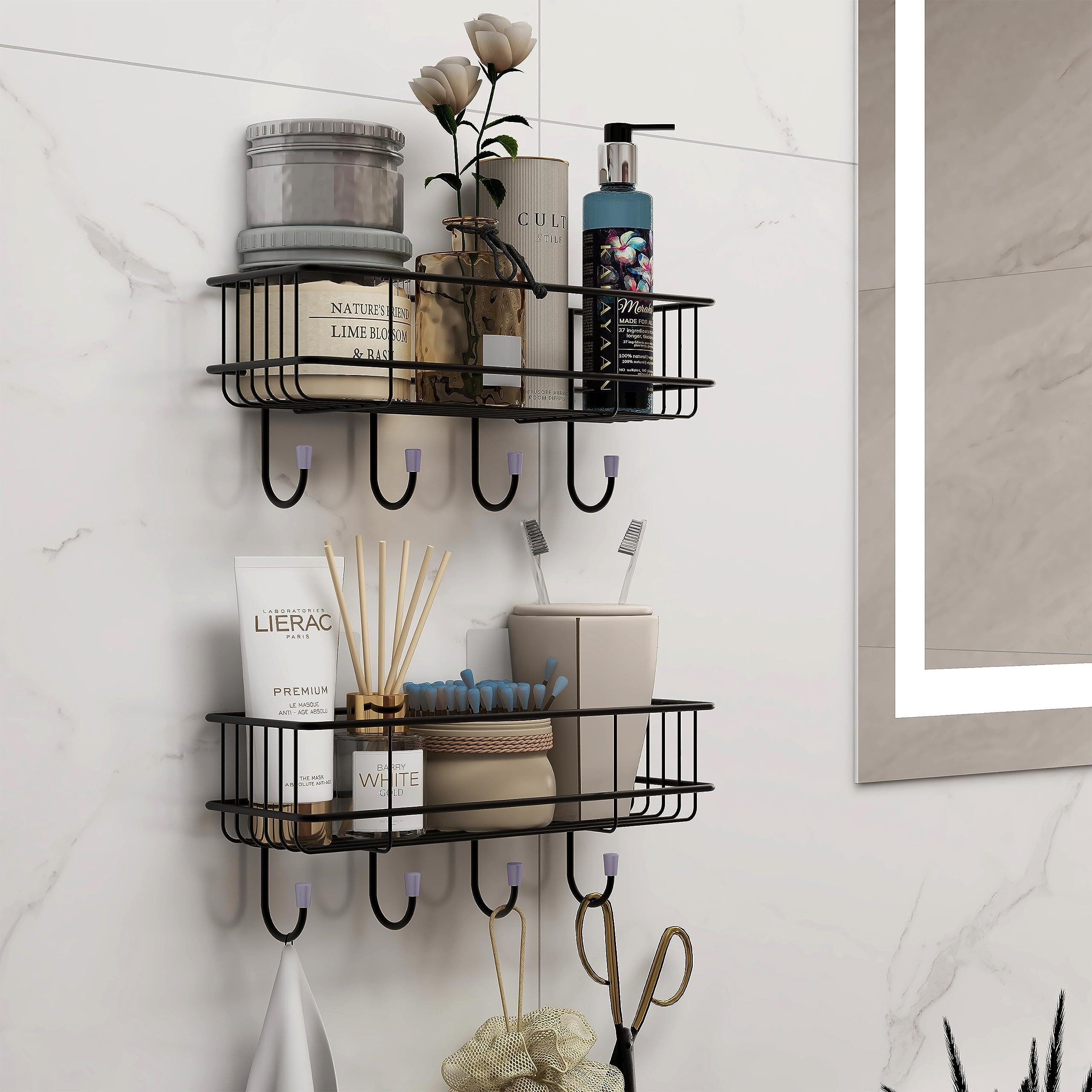 Plantex Gi Steel Self-Adhesive Multipurpose Bathroom/Kitchen Shelf With Hooks/Towel Holder/Rack/Bathroom Accessories - Wall Mount - Pack Of 2 (Black,Powder Coated)