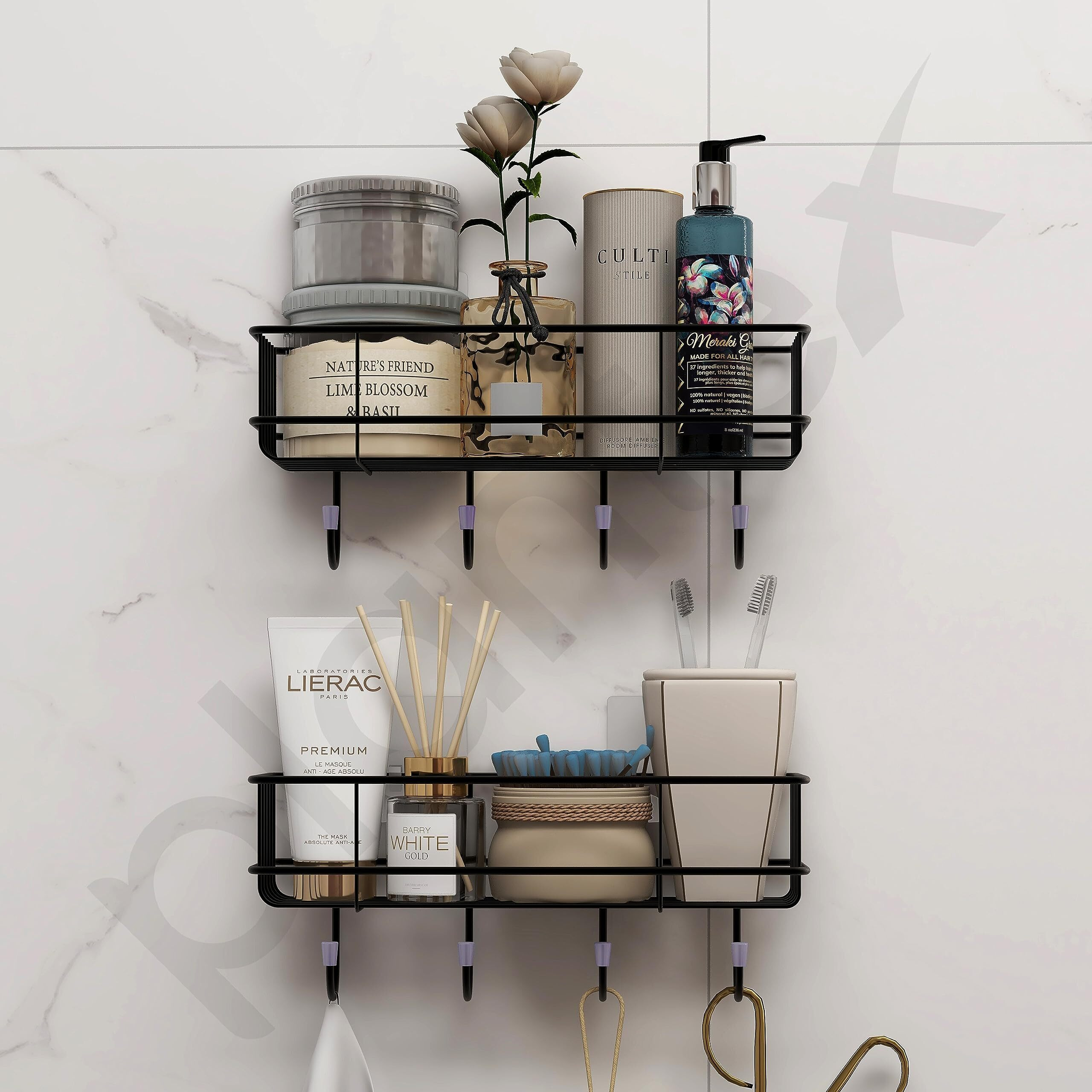 Plantex Gi Steel Self-Adhesive Multipurpose Bathroom/Kitchen Shelf With Hooks/Towel Holder/Rack/Bathroom Accessories - Wall Mount - Pack Of 2 (Black,Powder Coated)