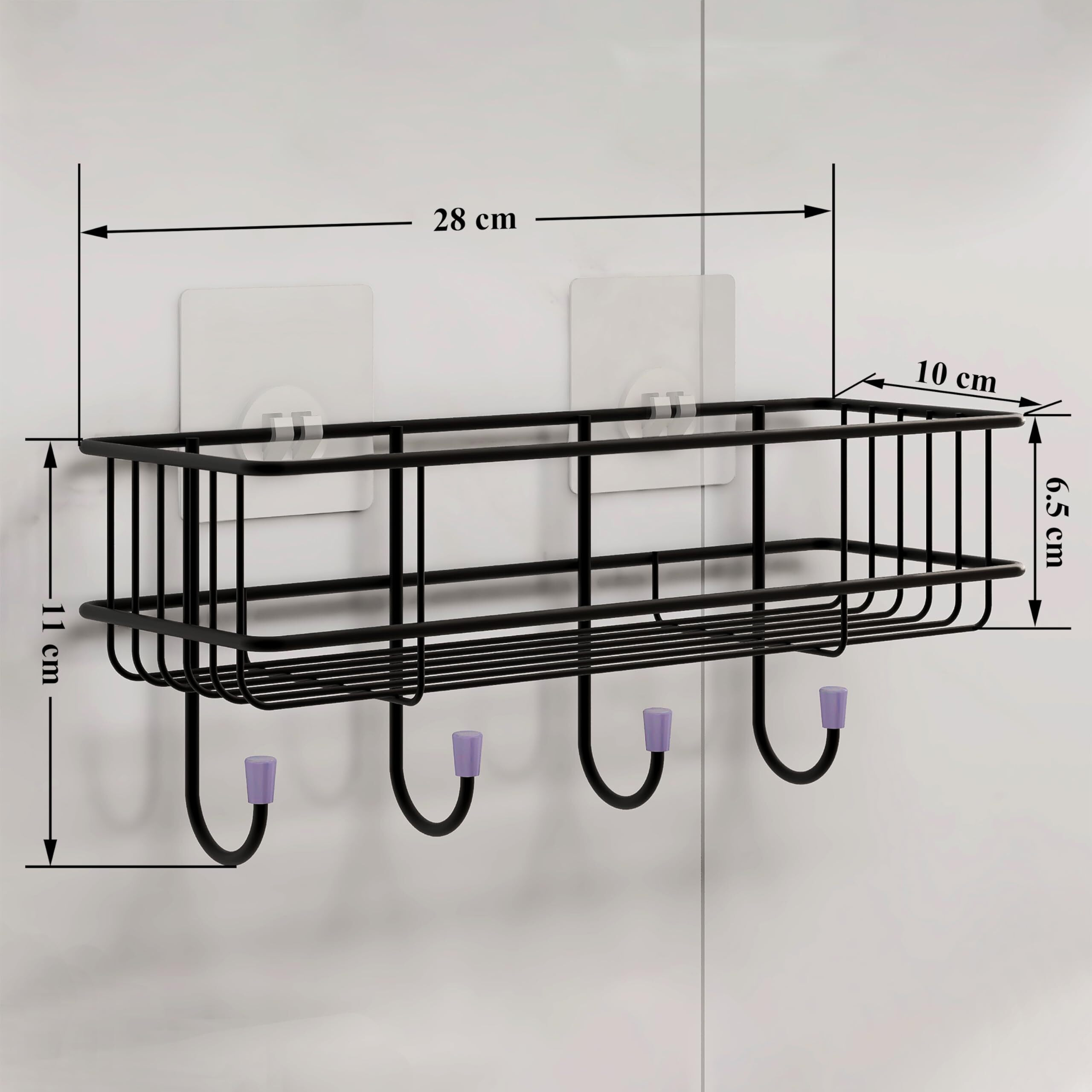 Plantex Gi Steel Self-Adhesive Multipurpose Bathroom/Kitchen Shelf With Hooks/Towel Holder/Rack/Bathroom Accessories - Wall Mount - Pack Of 2 (Black,Powder Coated)