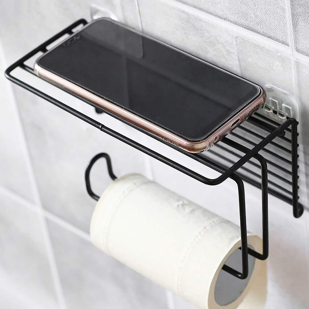 Plantex Gi Steel Self Adhesive Toilet Paper Holder/Tissue Paper Roll Holder With Mobile Stand/Towel Bar Hanger Storage Rack/Bathroom Accessories(Black)
