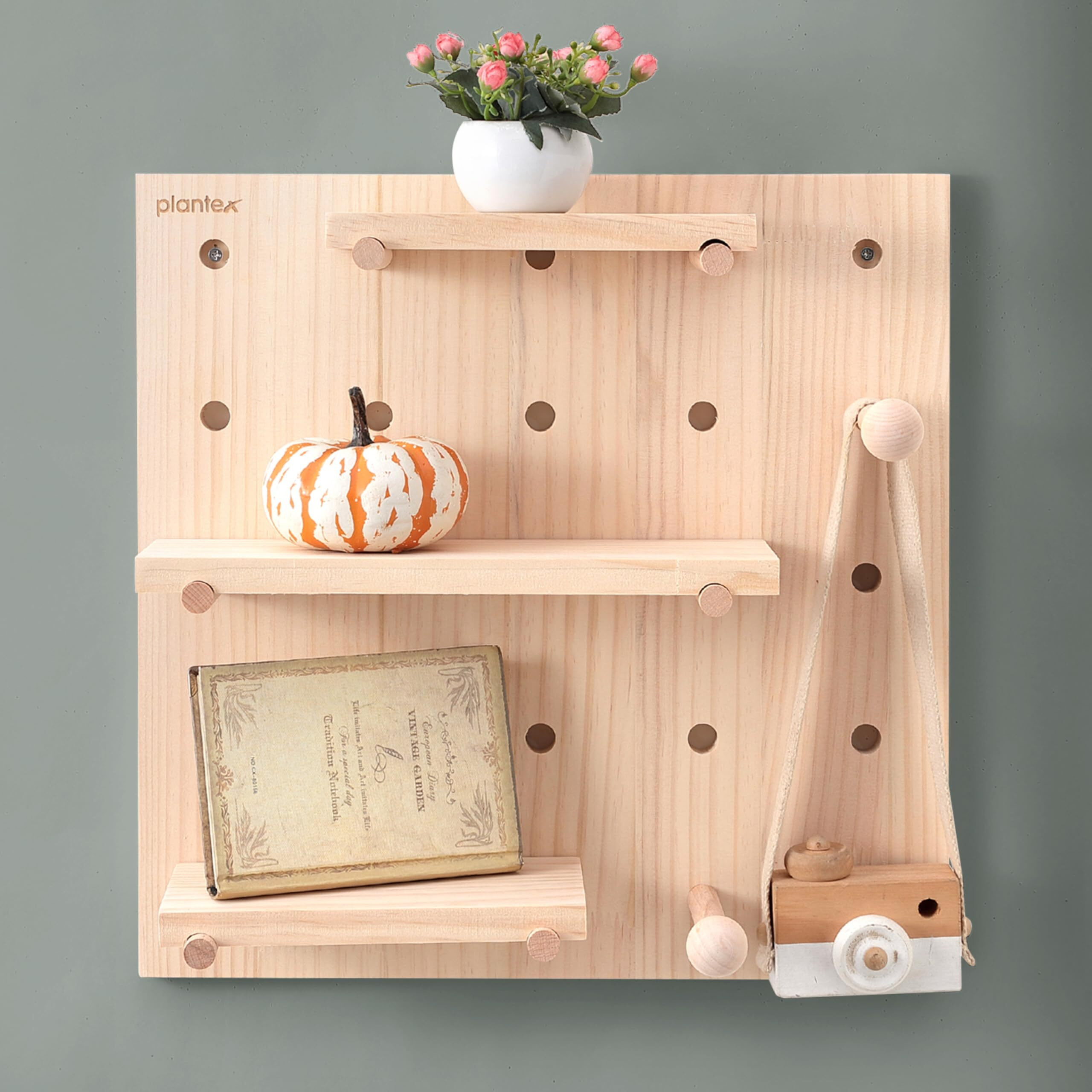 Plantex Multipurpose Pine Wood Wall Mount Pegboard For Home/Wood Display Shelf/Wall Organizer For Bedroom/Kitchen/Bathroom - (16X16 Inches)
