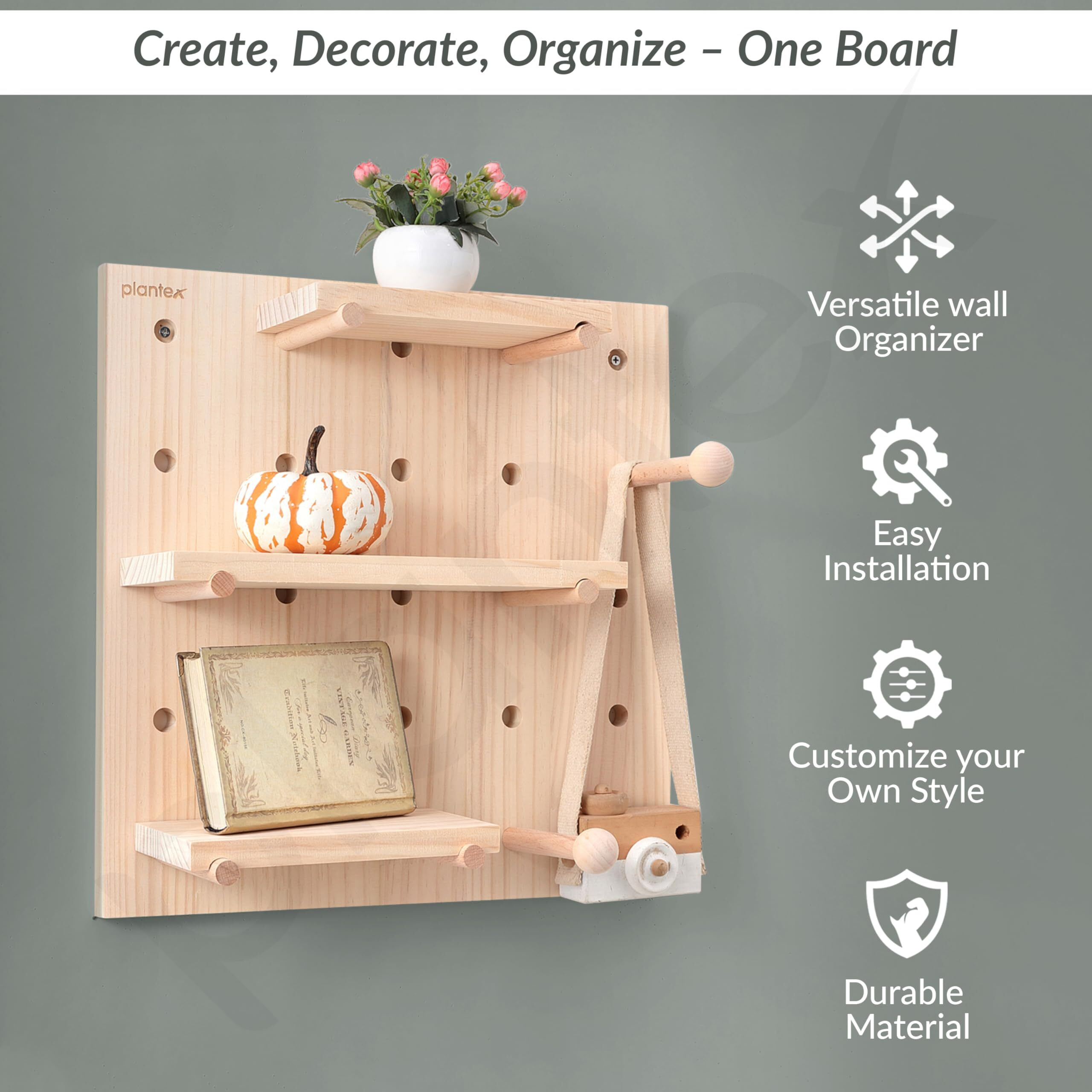 Plantex Multipurpose Pine Wood Wall Mount Pegboard For Home/Wood Display Shelf/Wall Organizer For Bedroom/Kitchen/Bathroom - (16X16 Inches)