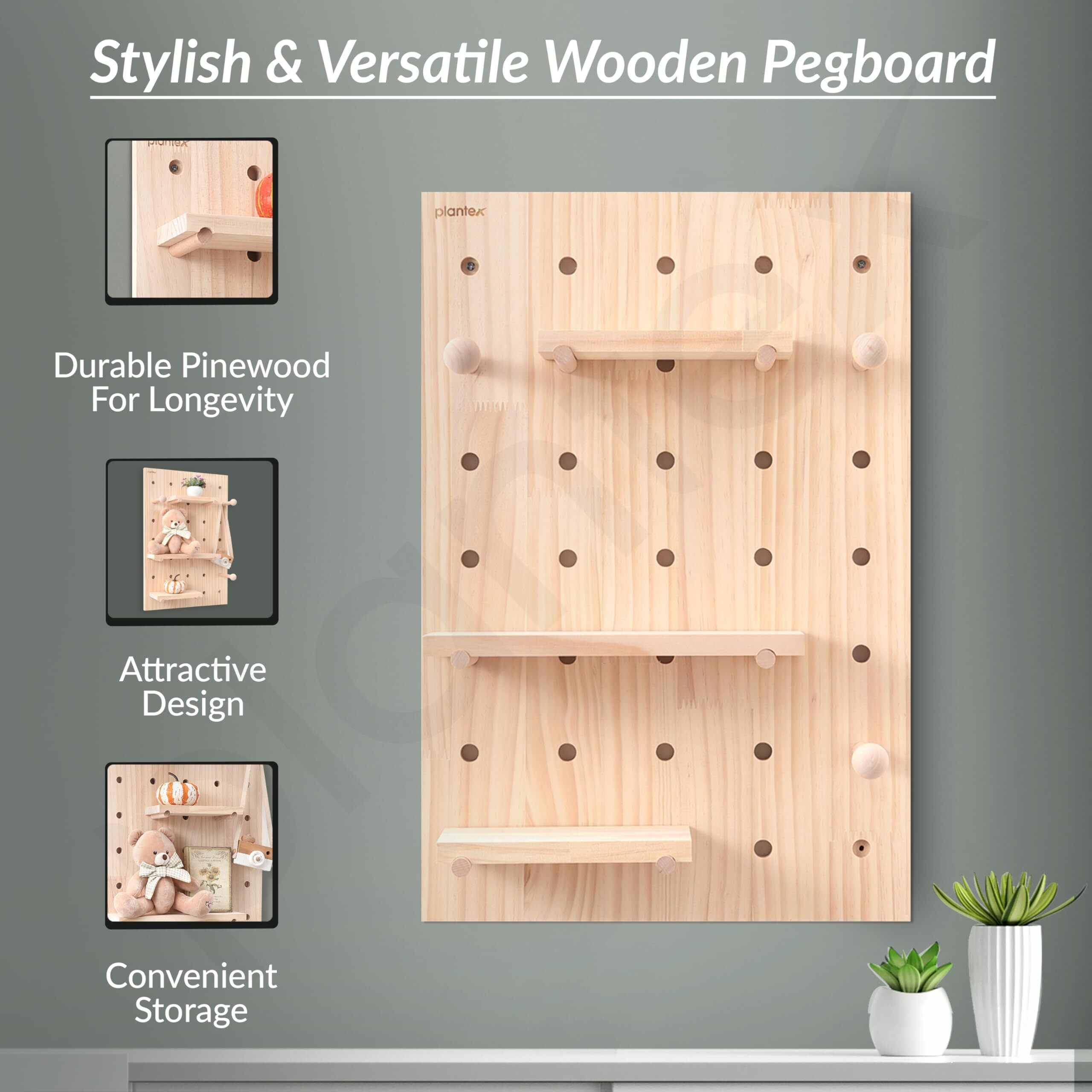 Plantex Multipurpose Pine Wood Pegboard For Home/Wood Display Shelf/Wall Organizer For Bedroom/Kitchen/Bathroom - (24X16 Inches)