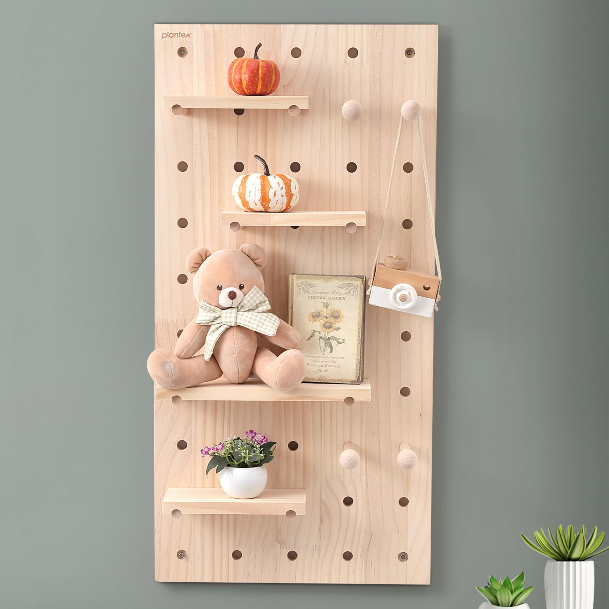 Plantex Multipurpose Pine Wall Mount Wood Pegboard For Home/Wood Display Shelf/Wall Organizer For Bedroom/Kitchen/Bathroom - (32X16 Inches)