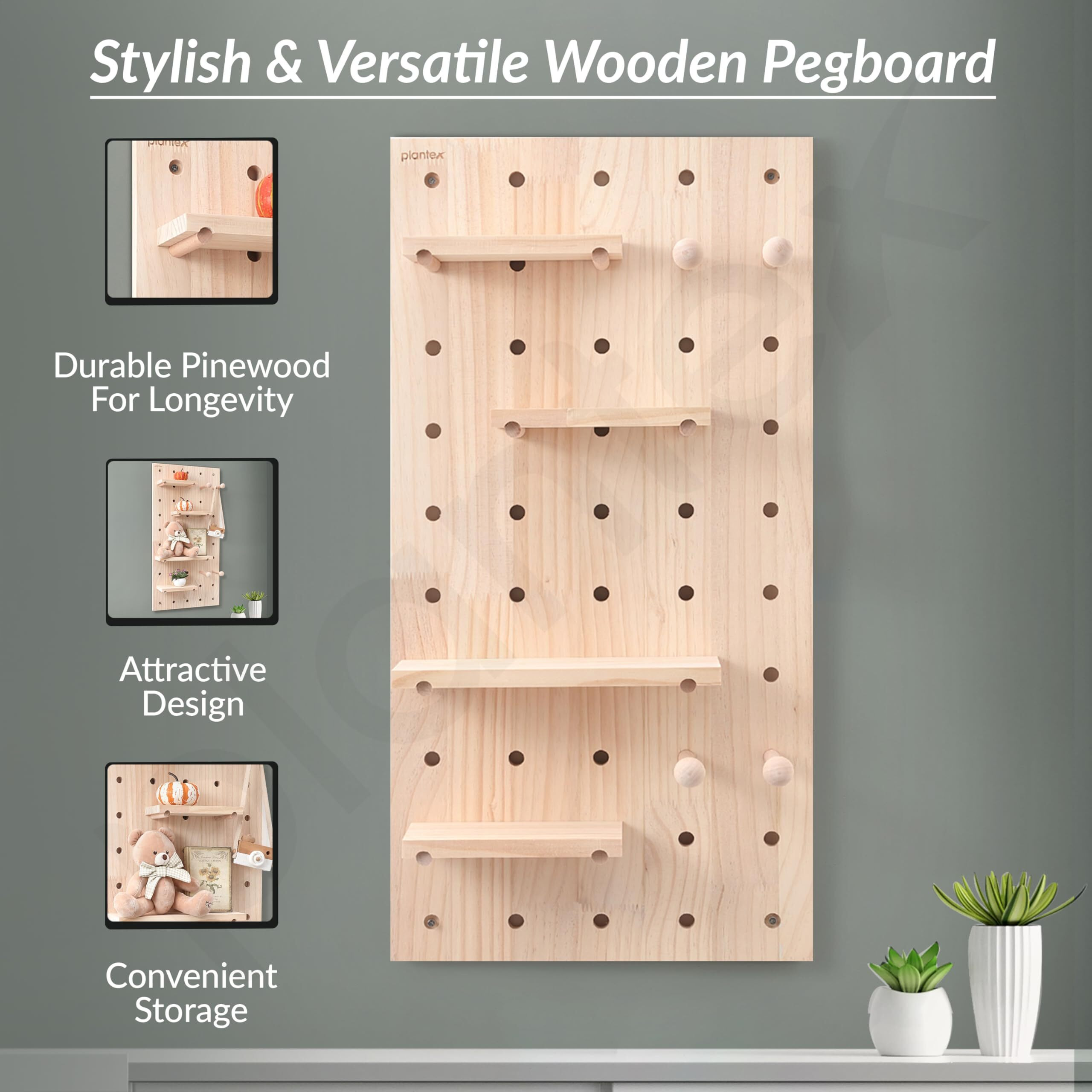 Plantex Multipurpose Pine Wall Mount Wood Pegboard For Home/Wood Display Shelf/Wall Organizer For Bedroom/Kitchen/Bathroom - (32X16 Inches)