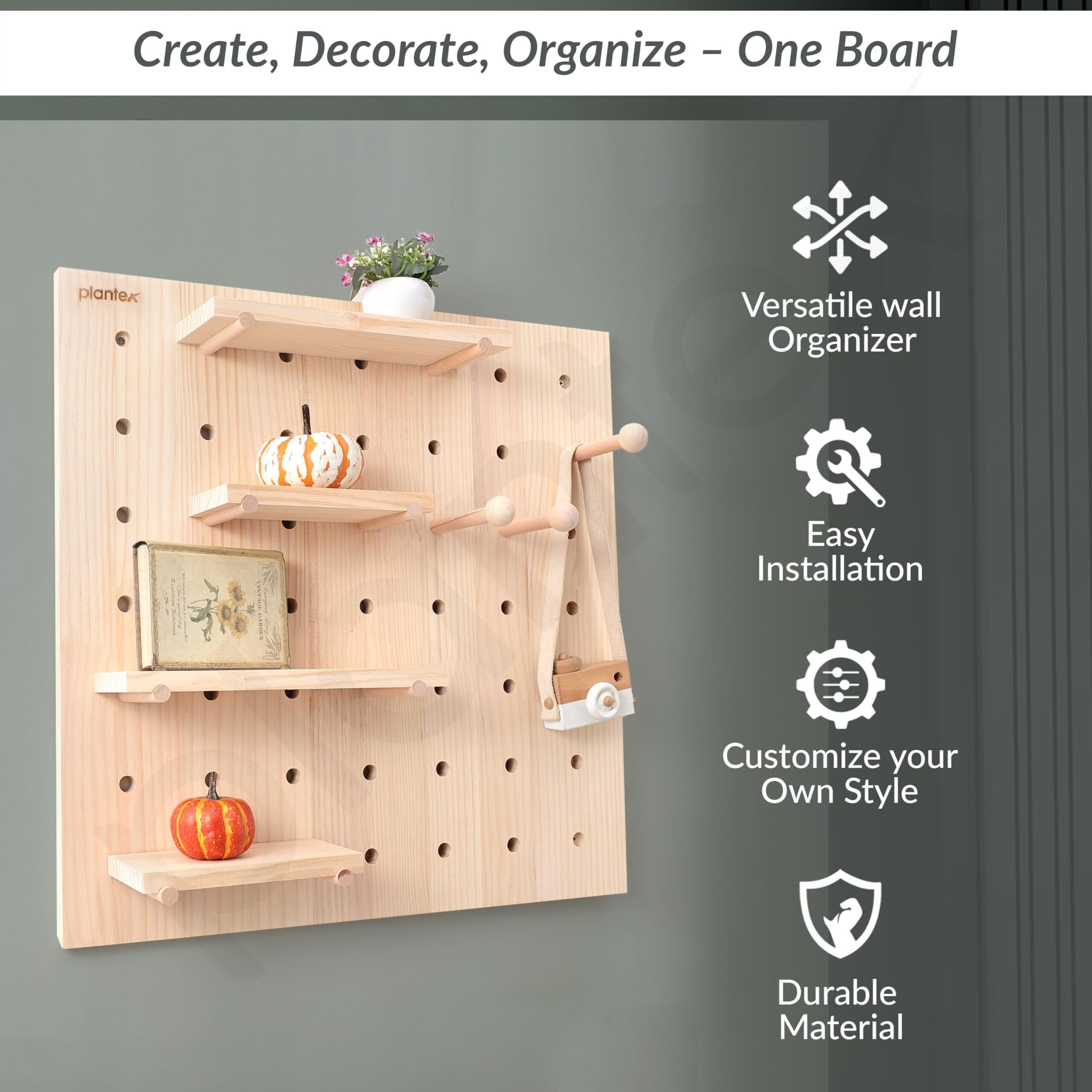 Plantex Multipurpose Pine Wood Pegboard For Home/Wood Display Shelf/Wall Organizer For Bedroom/Kitchen/Bathroom - (24X24 Inches)