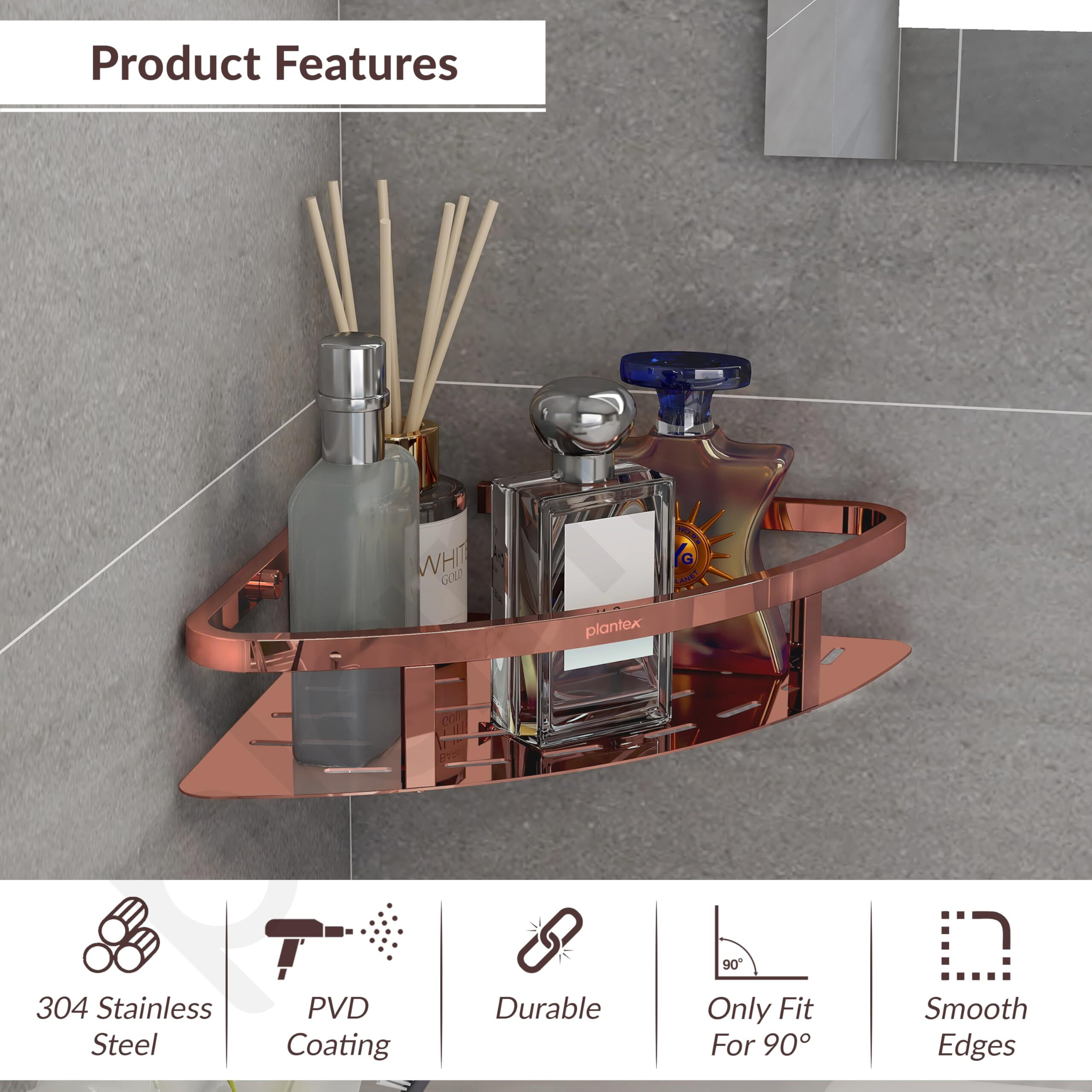 Plantex Corner Shelf For Bathroom Wall Mount/304 Grade Stainless Steel Bathroom Corner Shelf/Bathroom Accessories Holder For Wall (9X9 Inches, Pvd Rose Gold)
