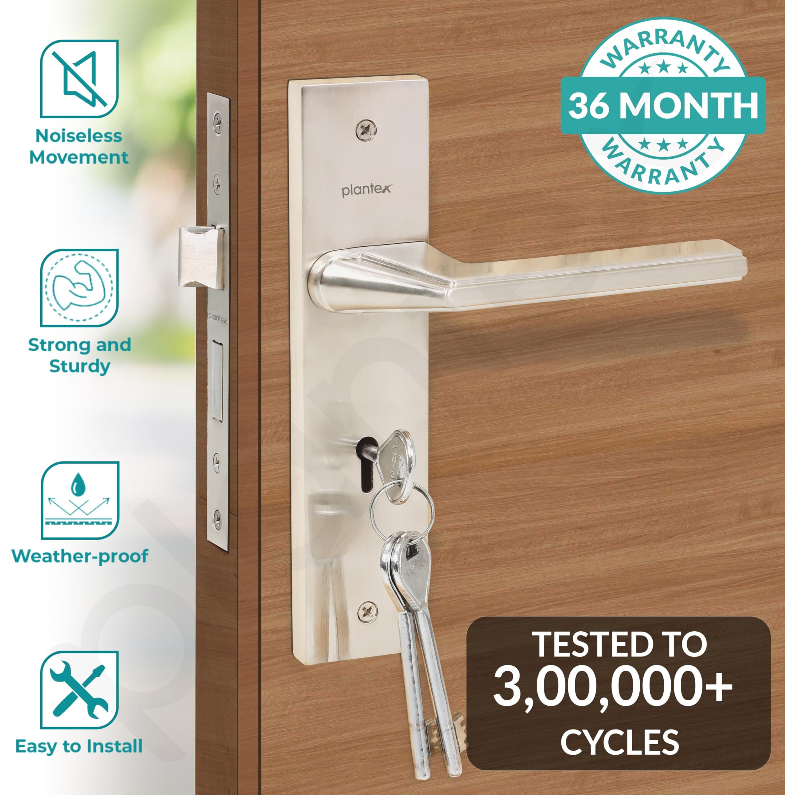 Plantex Heavy-Duty Door Lock Set - Main Door Lock Handle Set/ 6-Lever Lock Mechanism With 3 Years Of Warranty/Mortise Lock With 3 Keys, Brass Lock Body & Cylinder(Matt)