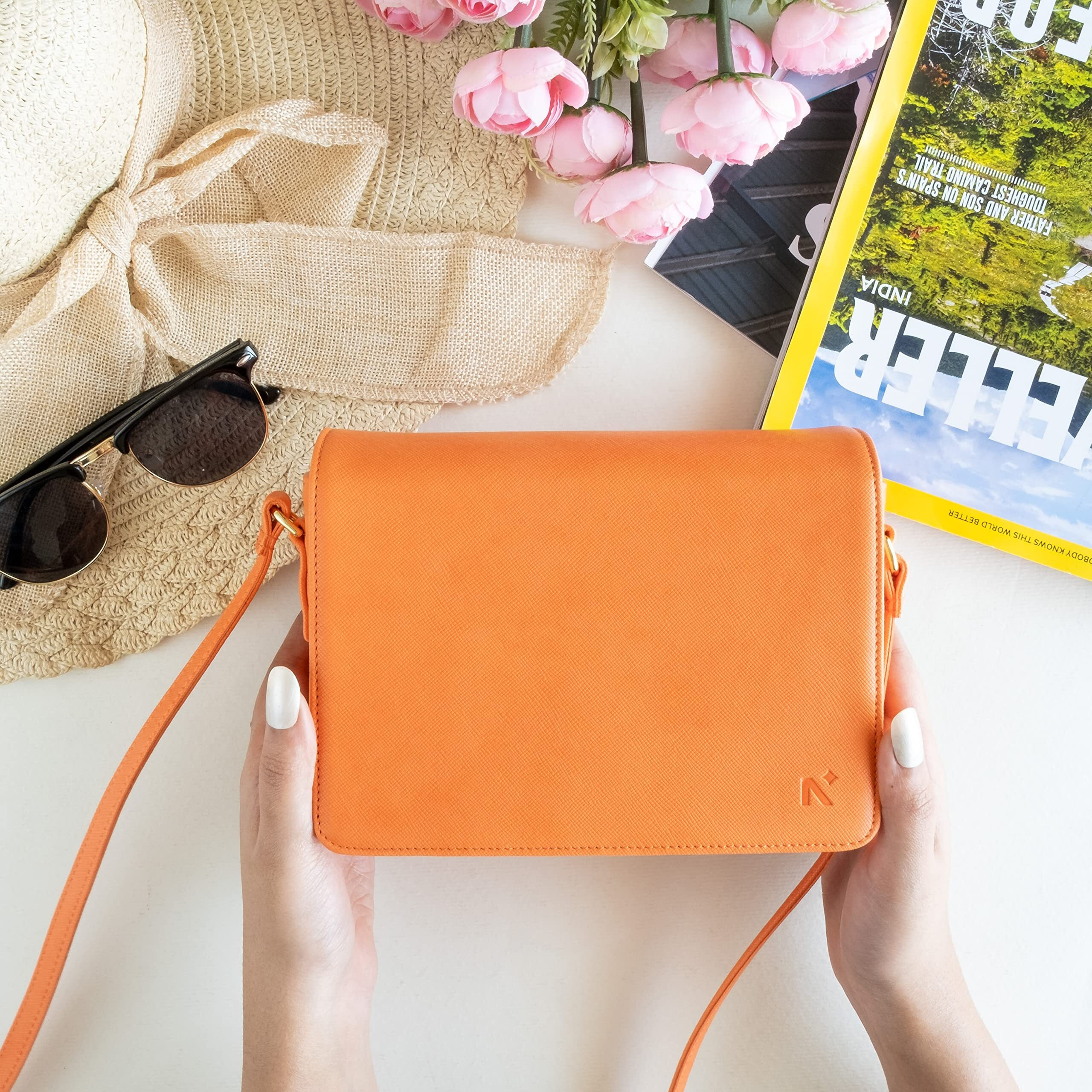 Neorah  Ladies Box Sling Bag Eleanor + Magnetic Closure + Spacious Main Compartment + Zippered Compartment For Cash & Card + Adjustable Strap | Hand Crafted Vegan Leather | Crossbody For Women | Compact, Lightweight Sling Bag For Shopping, College, Party, Office, Work, Travel, Birthday, Anniversary, Valentine Gift | Ladies Bag Handbag | Multipurpose Everyday Shoulder Bag Purse - Orange