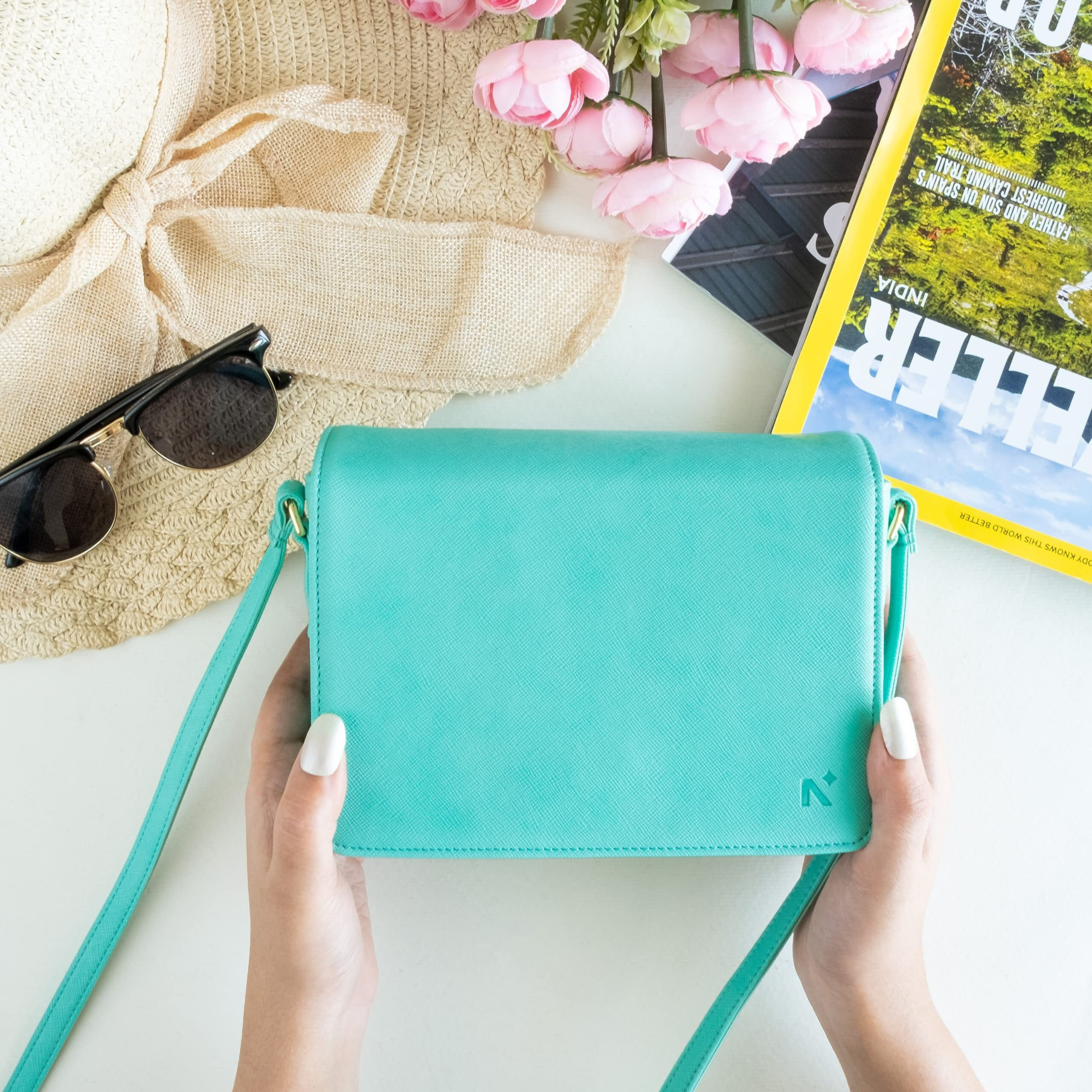Neorah  Ladies Box Sling Bag Eleanor + Magnetic Closure + Spacious Main Compartment + Zippered Compartment For Cash & Card + Adjustable Strap | Hand Crafted Vegan Leather | Crossbody For Women | Compact, Lightweight Sling Bag For Shopping, College, Party, Office, Work, Travel, Birthday, Anniversary, Valentine Gift | Ladies Bag Handbag | Multipurpose Everyday Shoulder Bag Purse  Teal