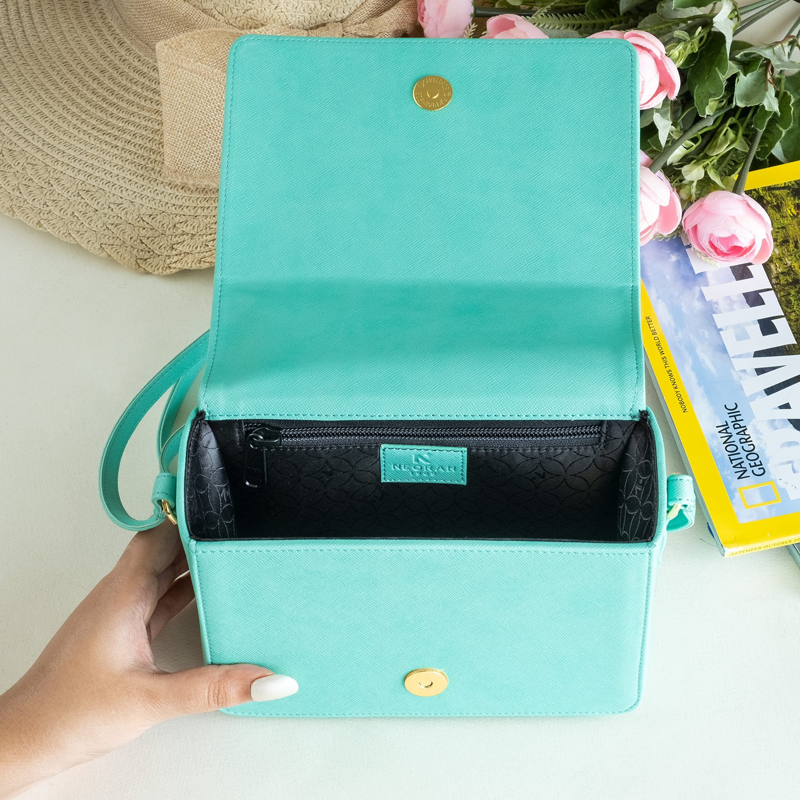Neorah  Ladies Box Sling Bag Eleanor + Magnetic Closure + Spacious Main Compartment + Zippered Compartment For Cash & Card + Adjustable Strap | Hand Crafted Vegan Leather | Crossbody For Women | Compact, Lightweight Sling Bag For Shopping, College, Party, Office, Work, Travel, Birthday, Anniversary, Valentine Gift | Ladies Bag Handbag | Multipurpose Everyday Shoulder Bag Purse  Teal