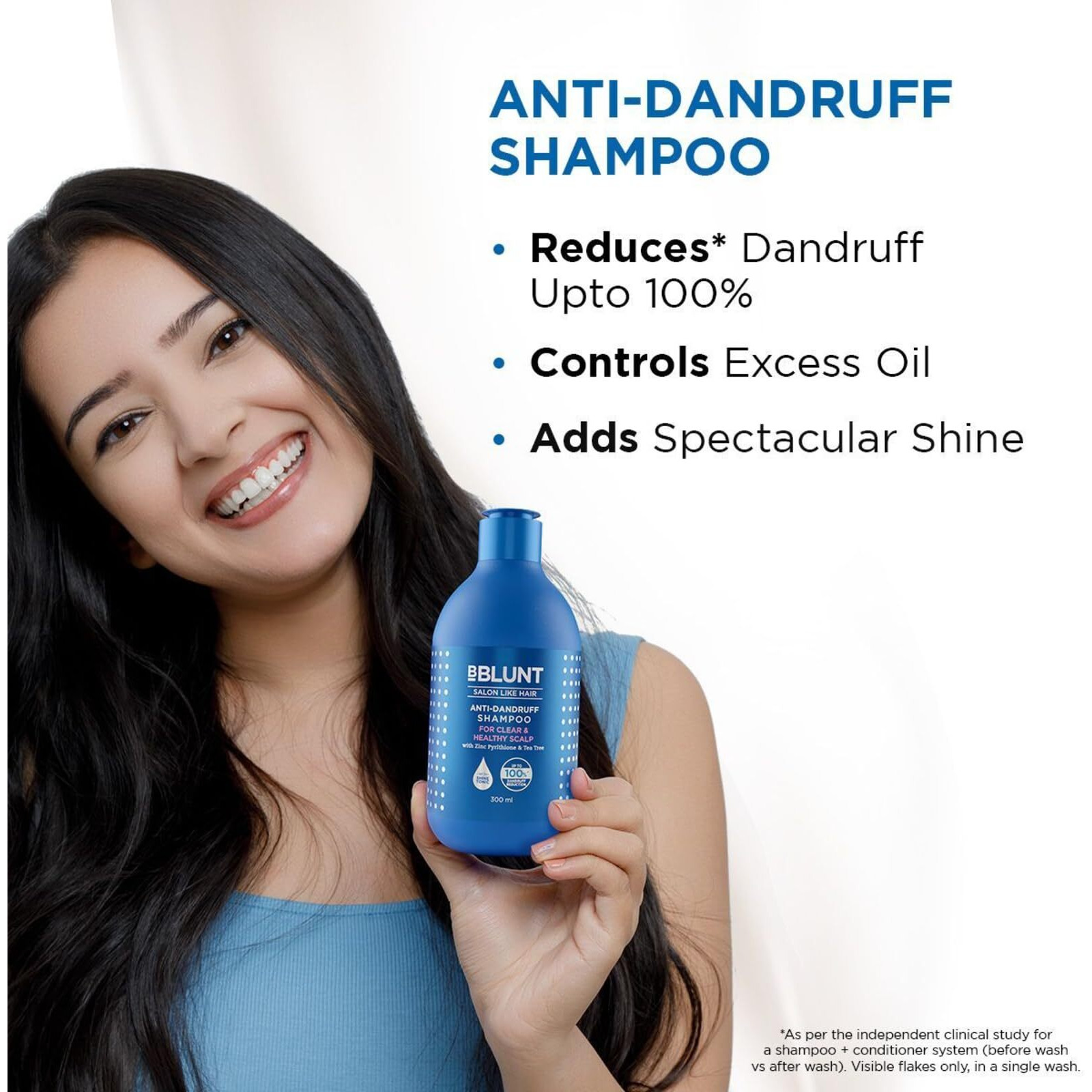Bblunt Anti-Dandruff Shampoo For A Clear & Healthy Scalp | With Zinc Pyrithione & Tea Tree | Reduces Dandruff Up To 100% | Controls Oil & Itchiness | For All Hair Types | For Women And Men | 300 Ml