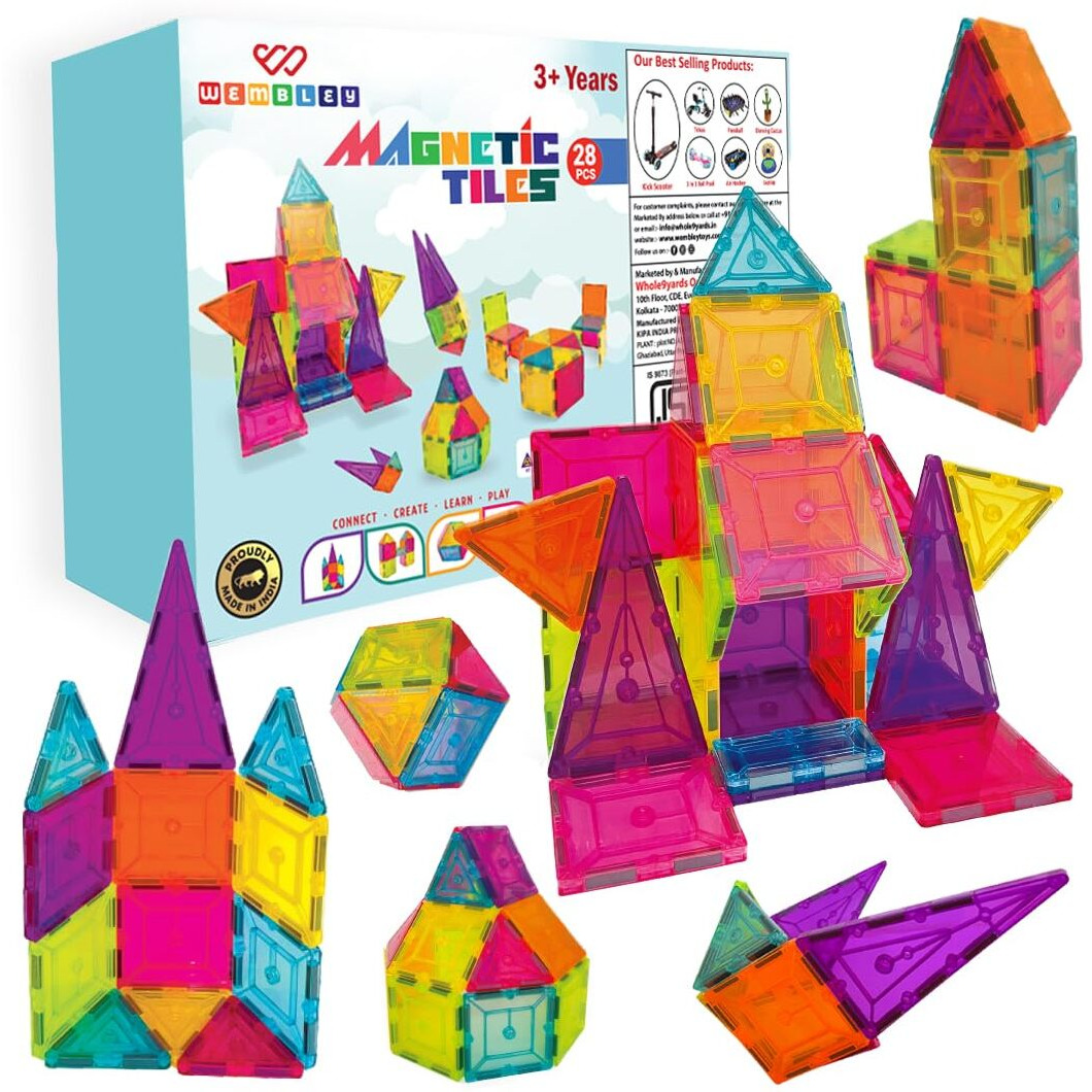 Wembley Magnetic Tiles For Kids | Magnetic Building Blocks For Kids 3 4 5 6 7 8 Years | Constructing And Creative Learning Educational Brain Toys | Stem Learning Kit Magnetic Toys For Kids - 28 Pcs