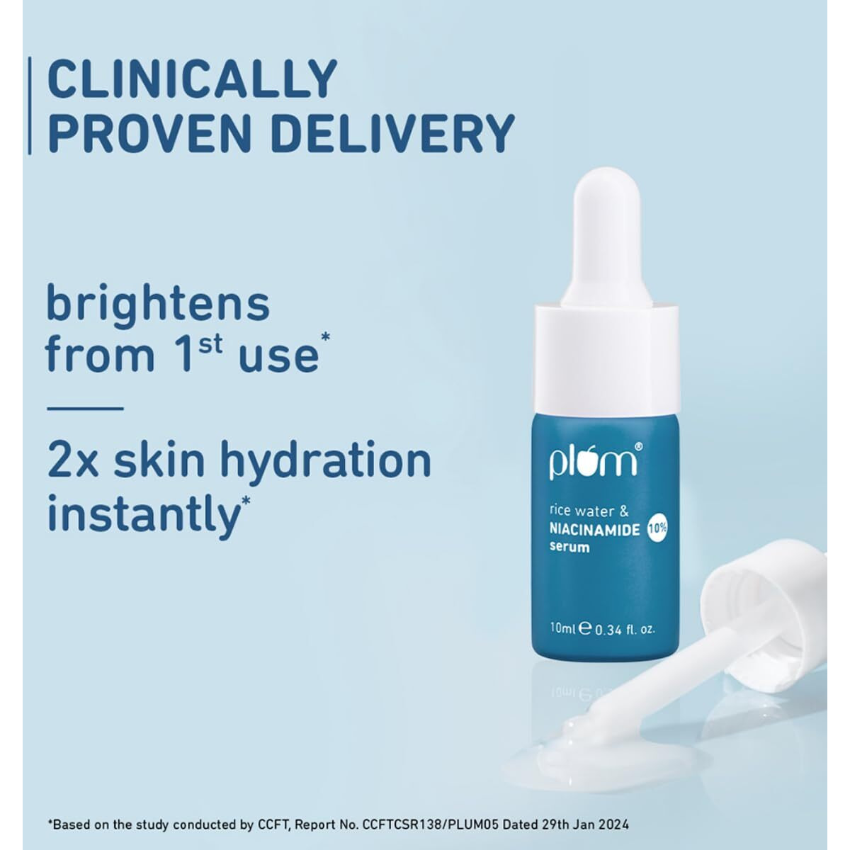 Plum 10% Niacinamide Serum With Rice Water | Provides Clear, Glowing & Brightening Skin | For Acne Prone, Combination, Oily & Sensitive Skin | Oil Control & Anti Acne Face Serum For Women & Men | 10Ml