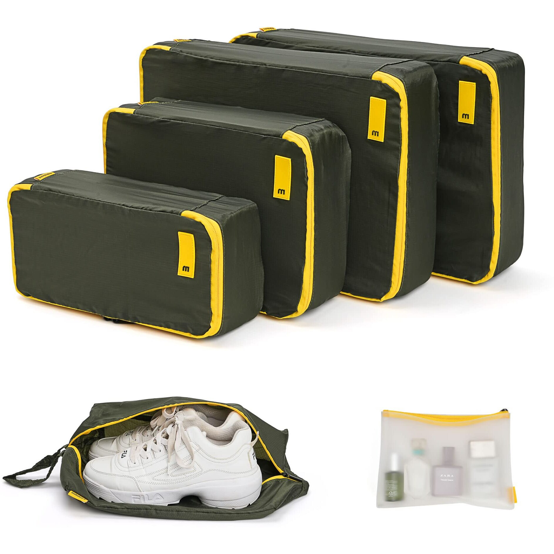 Mokobara The Packing Cube Nylon Fabric Water Resistant Travel Organizer Wardrobe Organizer Set Of Packing Bag (Xl,Large, Medium, Shoe Bag, Toiletry Bag) (Set Of 6, Homegrown Sunray) Green