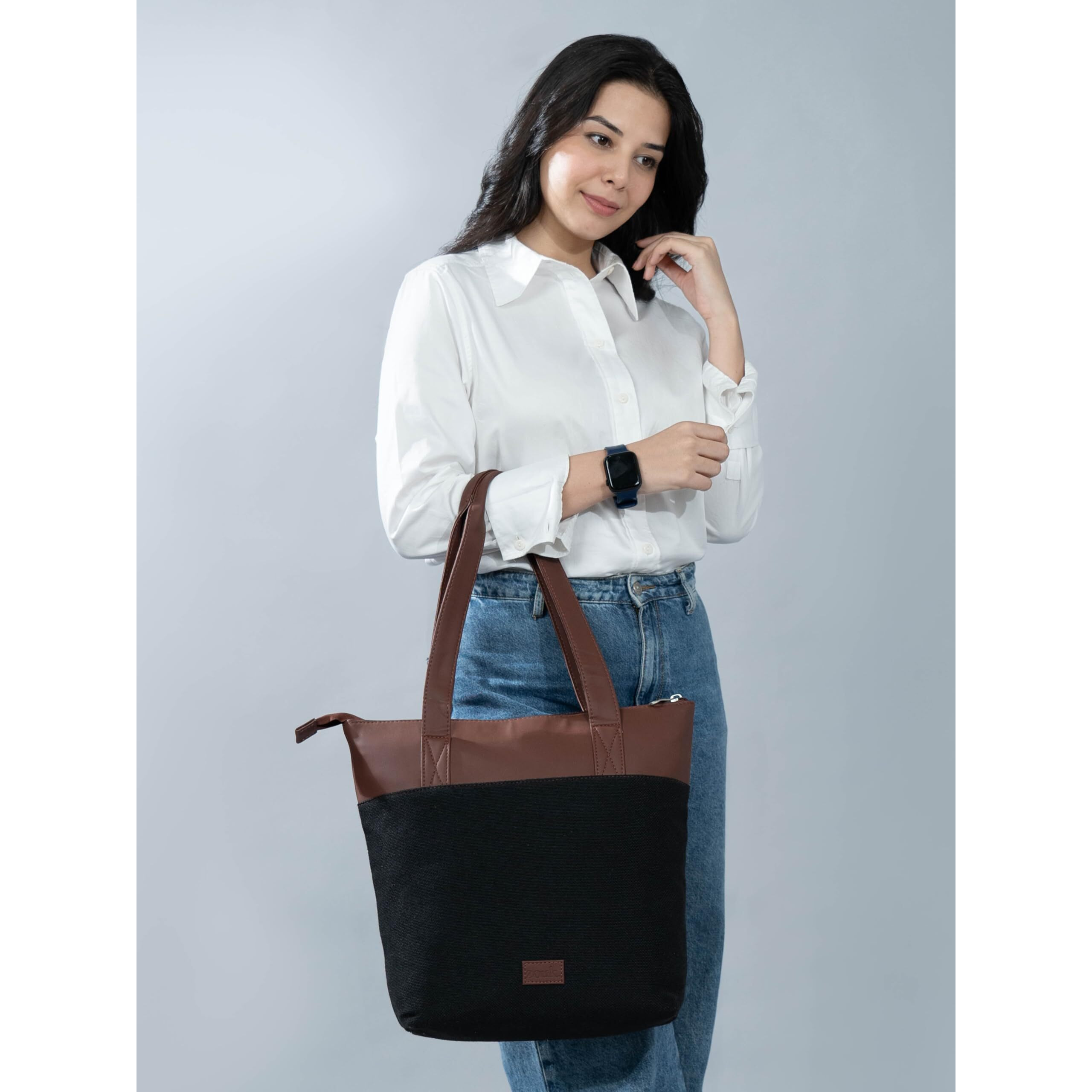 Zouk Jet Black Solid Printed Women's Jute Handcrafted Vegan Leather Black Everyday Tote