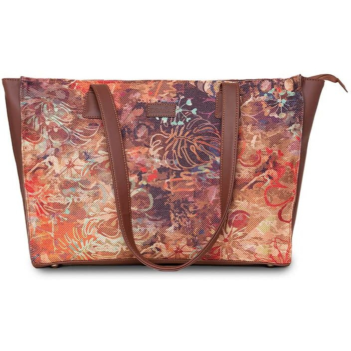 Zouk Flolov Floral Printed Jute Handcrafted Vegan Leather Women's Multicolor Structured Tote Bag