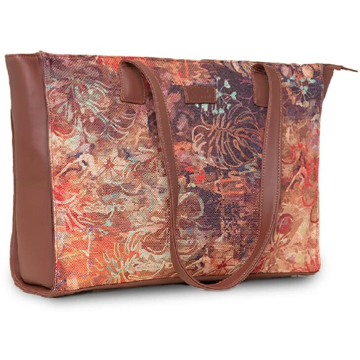 Zouk Flolov Floral Printed Jute Handcrafted Vegan Leather Women's Multicolor Structured Tote Bag