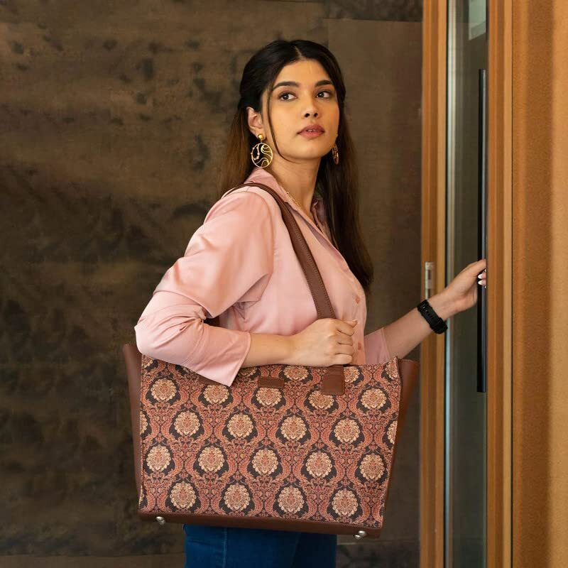 Zouk Jodhpur Damask Motif Printed Jute Handcrafted Vegan Leather Women's Brown Structured Tote Bag