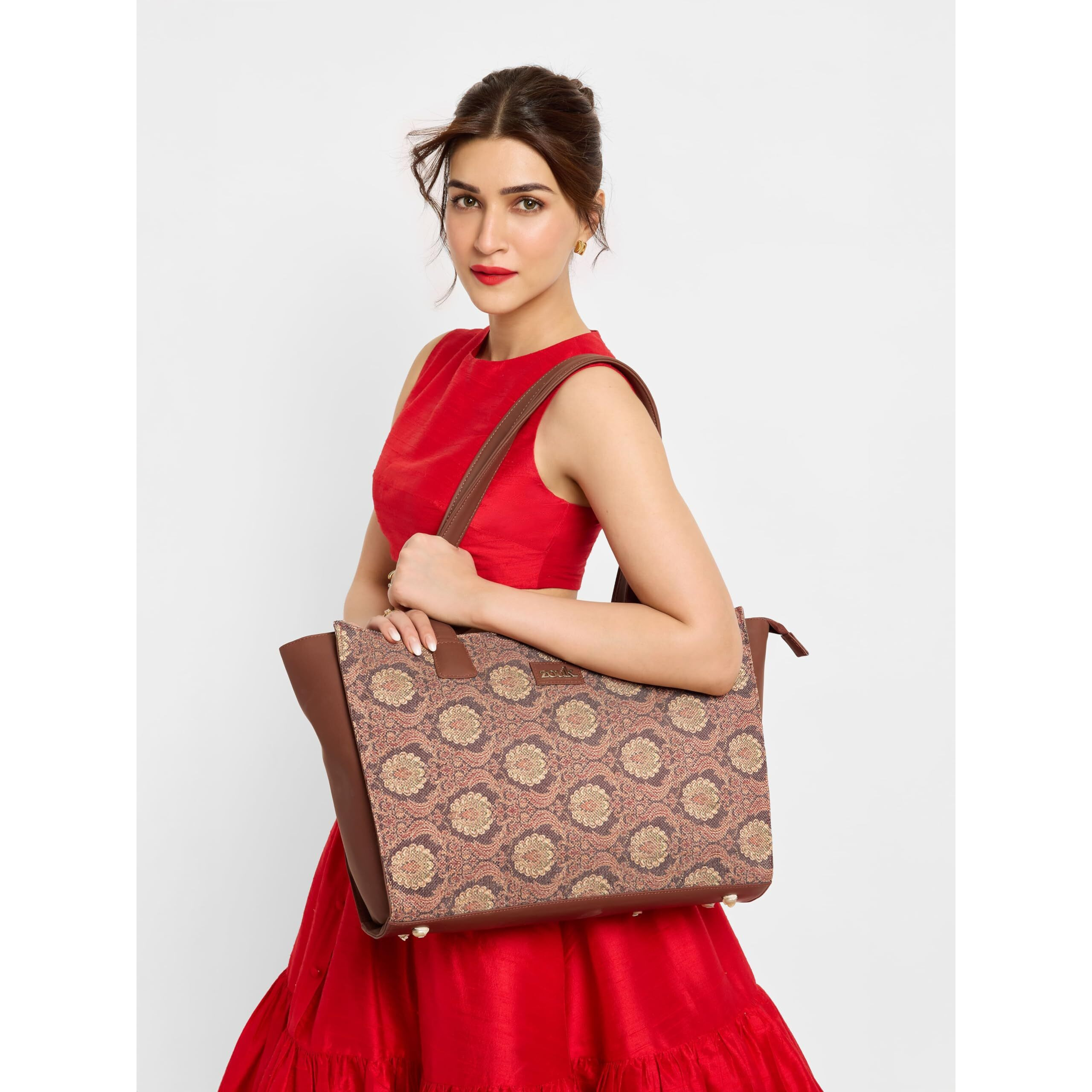 Zouk Jodhpur Damask Motif Printed Jute Handcrafted Vegan Leather Women's Brown Structured Tote Bag