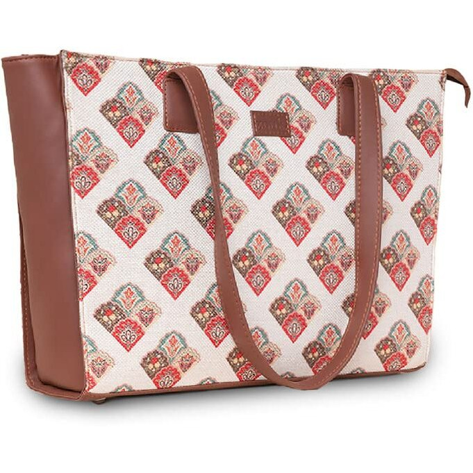 Zouk Seashell Motif White Printed Jute Handcrafted Vegan Leather Women's White Structured Tote Bag Contemporary