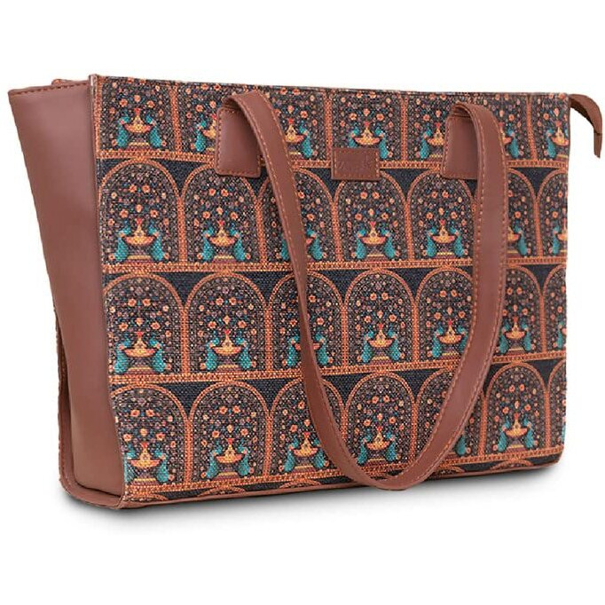 Zouk Royal Indian Peacock Motif Printed Jute Handcrafted Vegan Leather Women's Multicolor Structured Tote Bag