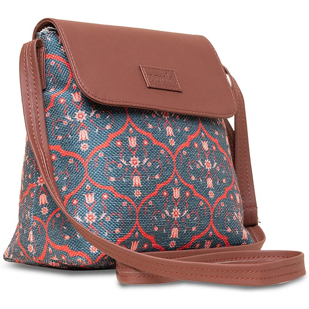 Zouk Seesh Mahal Jaali Motif Printed Women's Hand Crafted Vegan Leather Space Blue Flap Sling Bag
